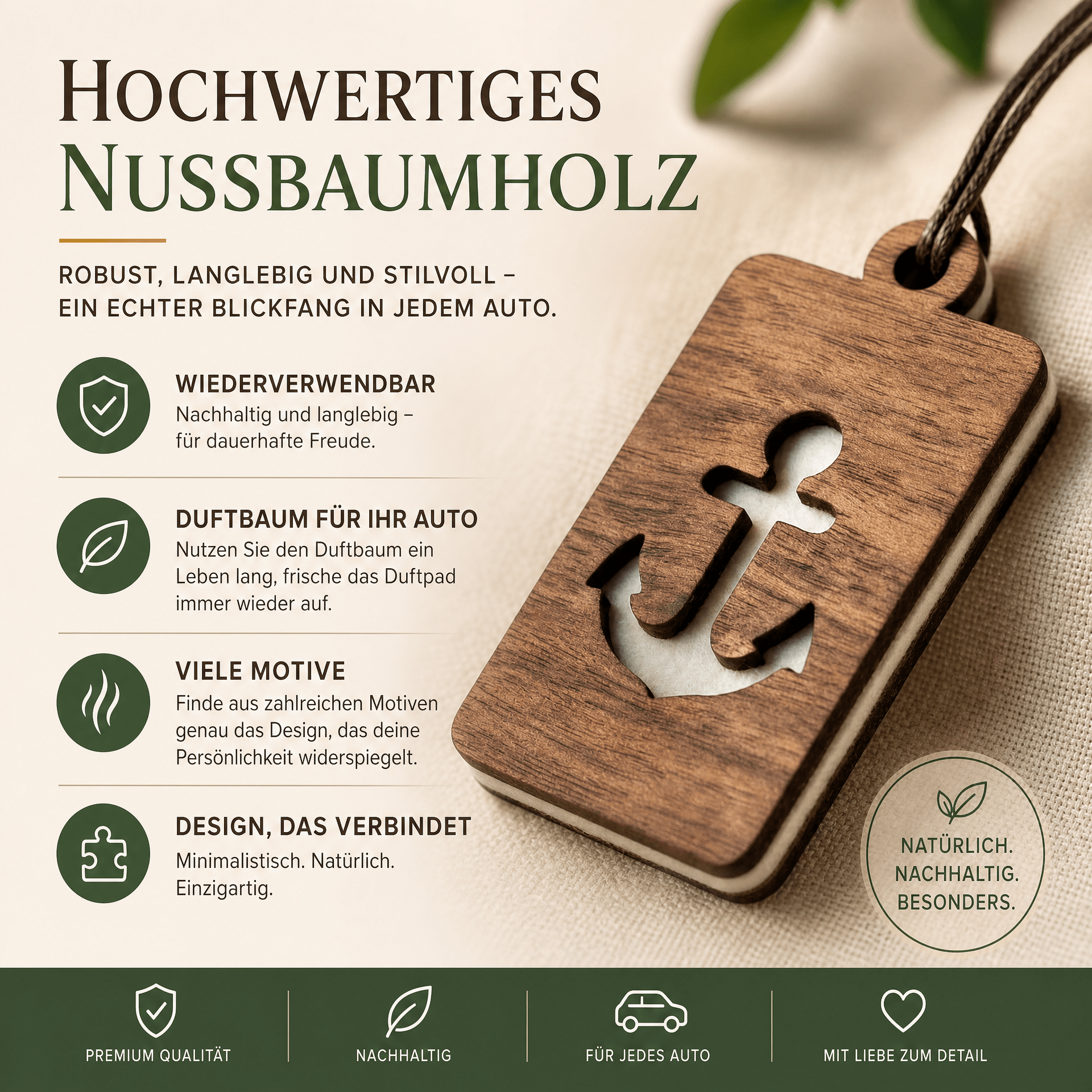 Holz Duftbaum für ätherische Öle "ANKER", Anhänger aus Nussbaumholz mit Filzpad für ätherische Öle - Wunderkraft naturals