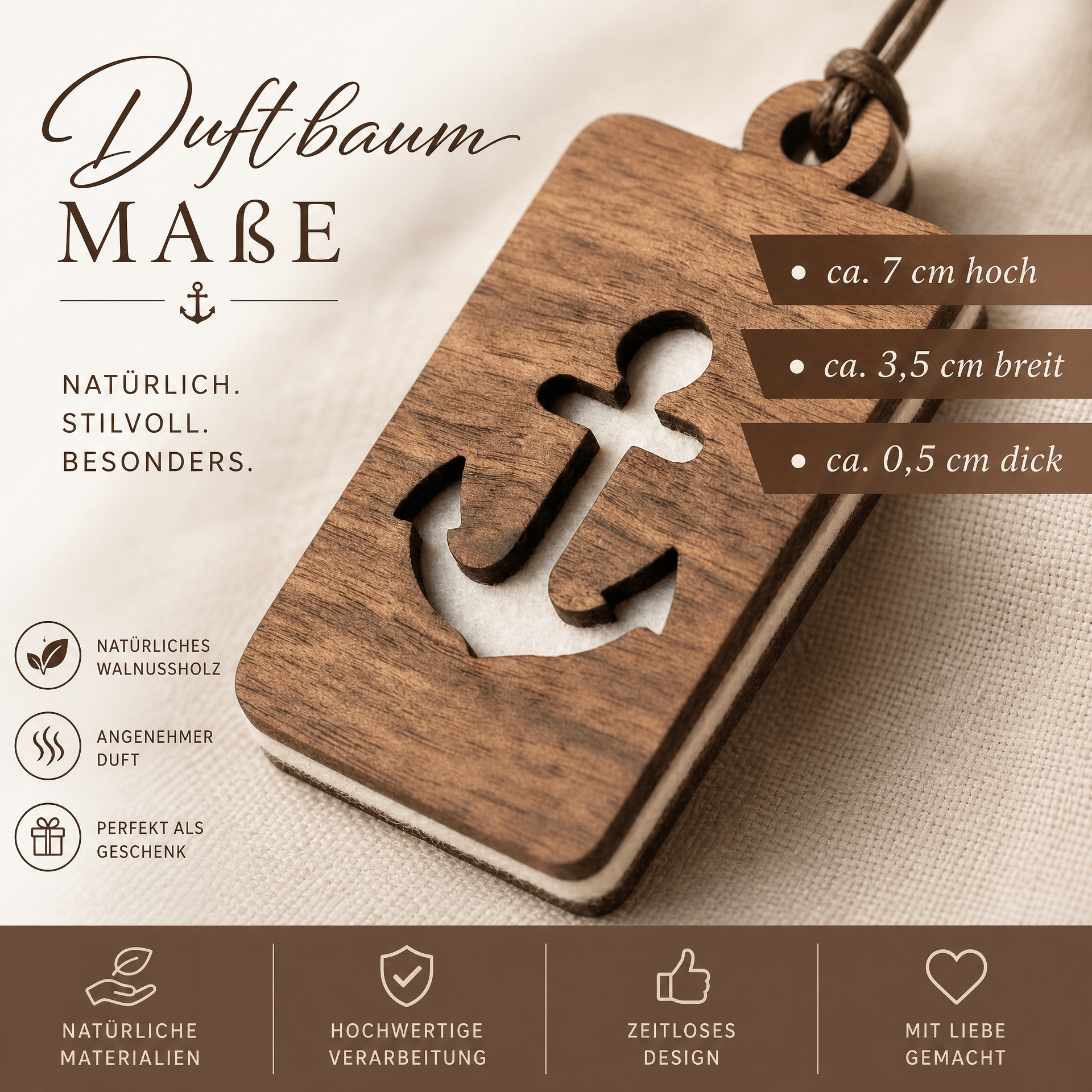 Holz Duftbaum für ätherische Öle "ANKER", Anhänger aus Nussbaumholz mit Filzpad für ätherische Öle - Wunderkraft naturals