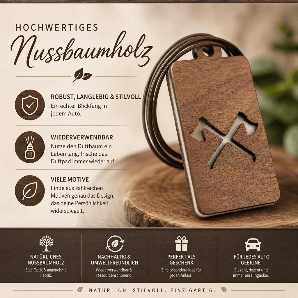 Holz Duftbaum für ätherische Öle "AXT", Anhänger aus Nussbaumholz mit Filzpad fürs Auto - Wunderkraft naturals