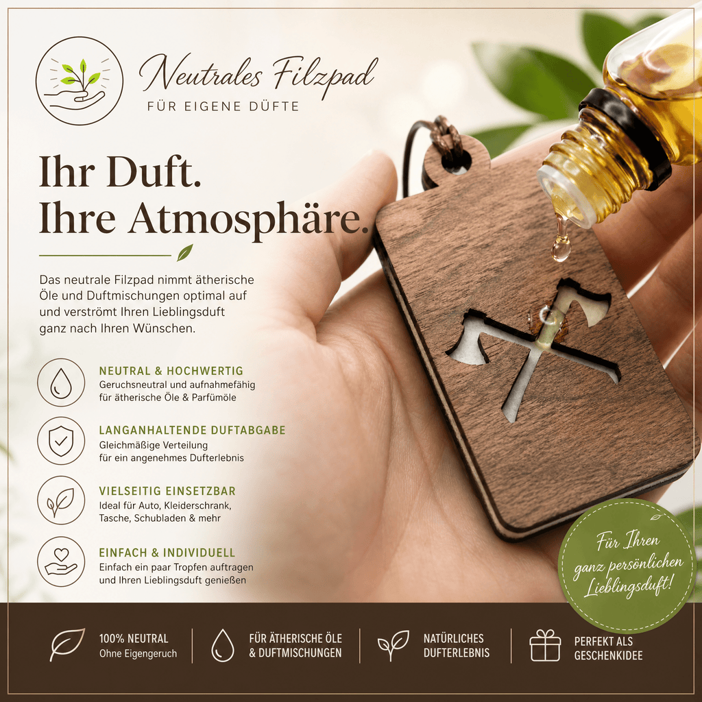 Holz Duftbaum für ätherische Öle "AXT", Anhänger aus Nussbaumholz mit Filzpad fürs Auto - Wunderkraft naturals