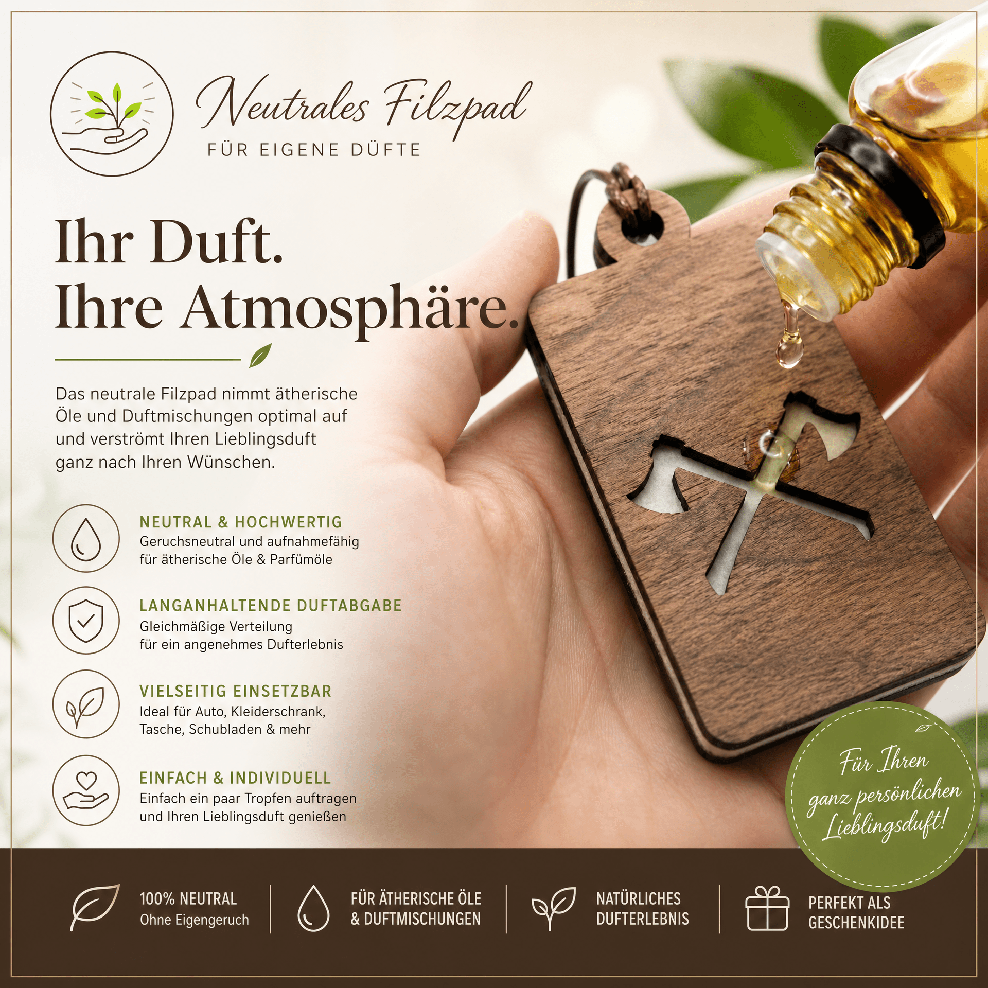 Holz Duftbaum für ätherische Öle "AXT", Anhänger aus Nussbaumholz mit Filzpad fürs Auto - Wunderkraft naturals