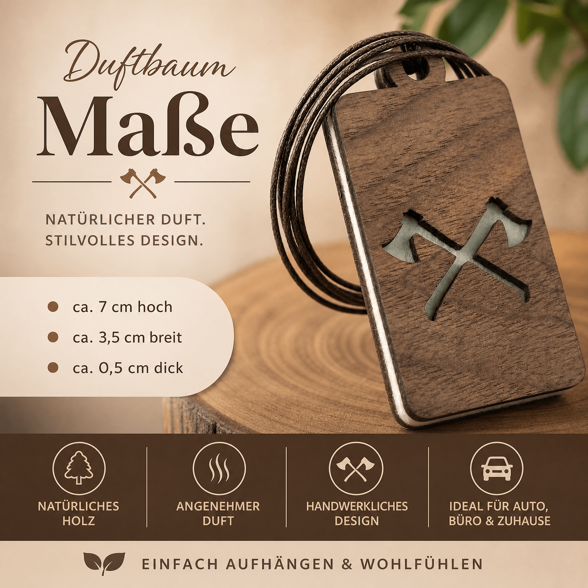 Holz Duftbaum für ätherische Öle "AXT", Anhänger aus Nussbaumholz mit Filzpad fürs Auto - Wunderkraft naturals