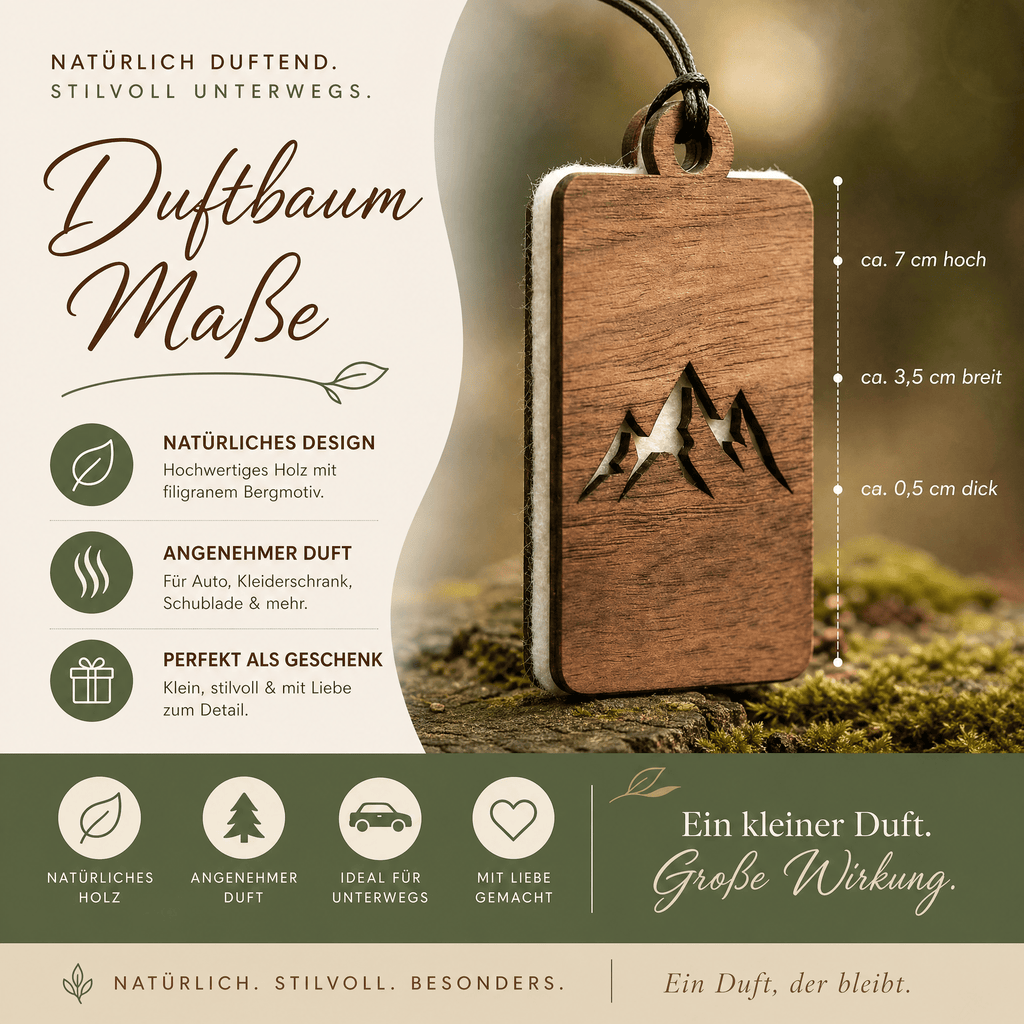 Holz Duftbaum für ätherische Öle "BERGE", Anhänger aus Nussbaumholz mit Filzpad für Duftöle - Wunderkraft naturals