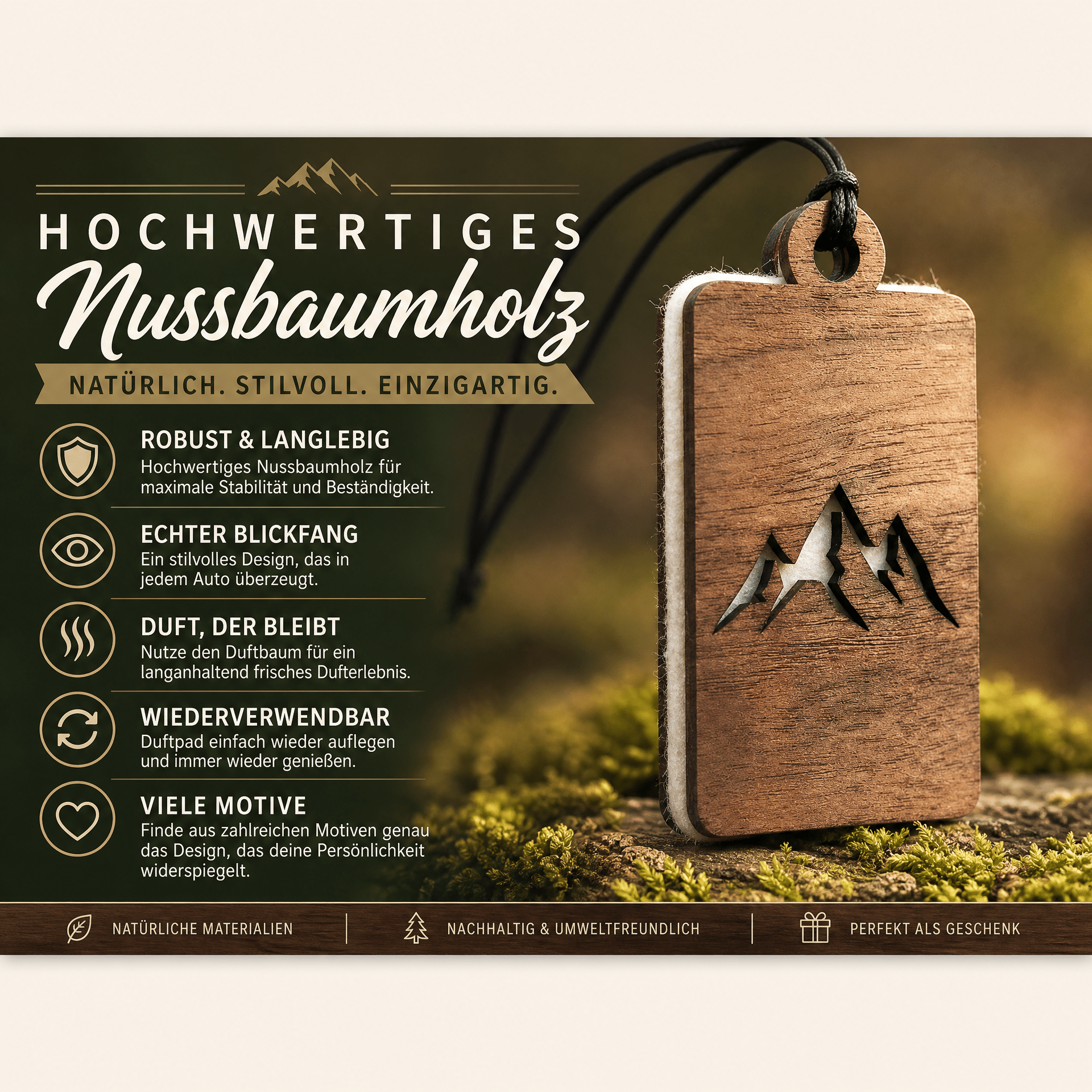Holz Duftbaum für ätherische Öle "BERGE", Anhänger aus Nussbaumholz mit Filzpad für Duftöle - Wunderkraft naturals