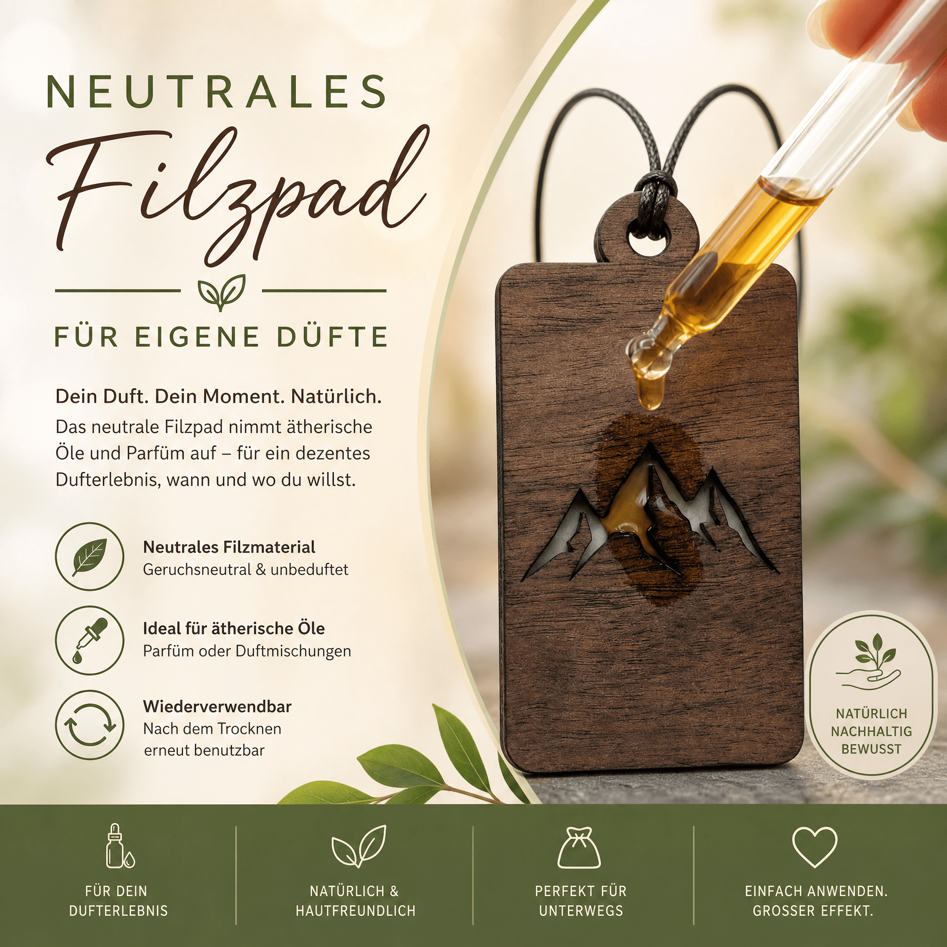 Holz Duftbaum für ätherische Öle "BERGE", Anhänger aus Nussbaumholz mit Filzpad für Duftöle - Wunderkraft naturals