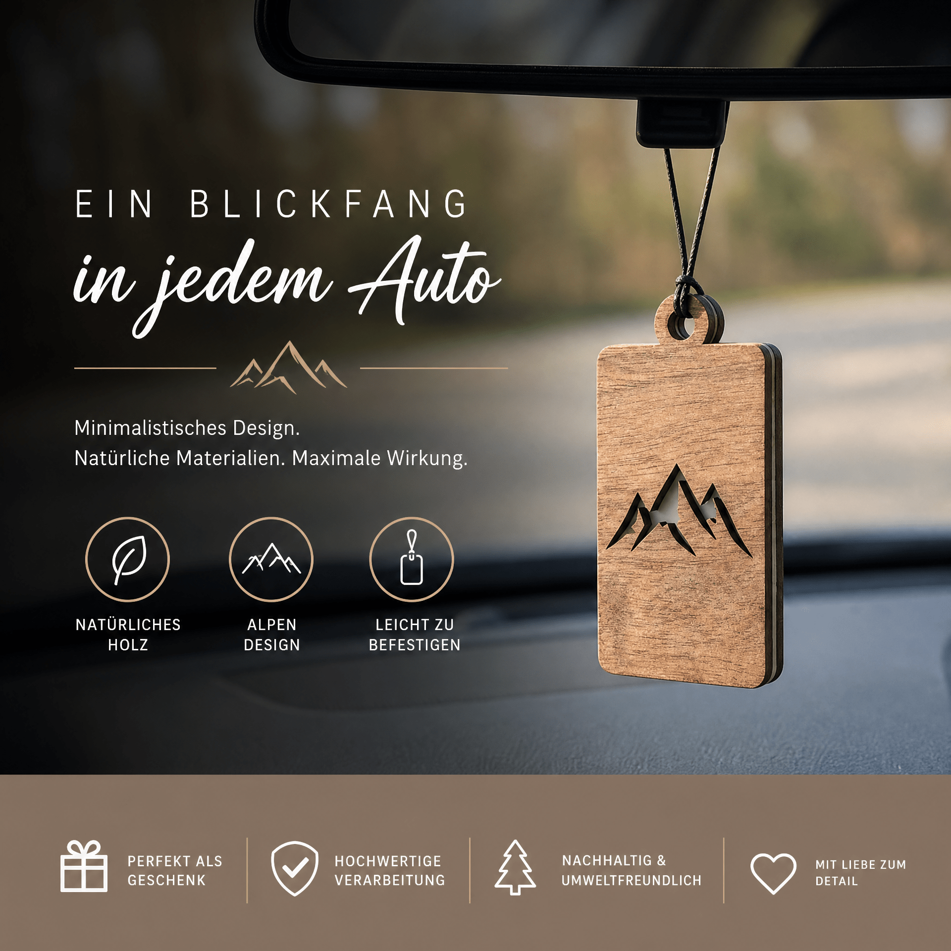 Holz Duftbaum für ätherische Öle "BERGE", Anhänger aus Nussbaumholz mit Filzpad für Duftöle - Wunderkraft naturals
