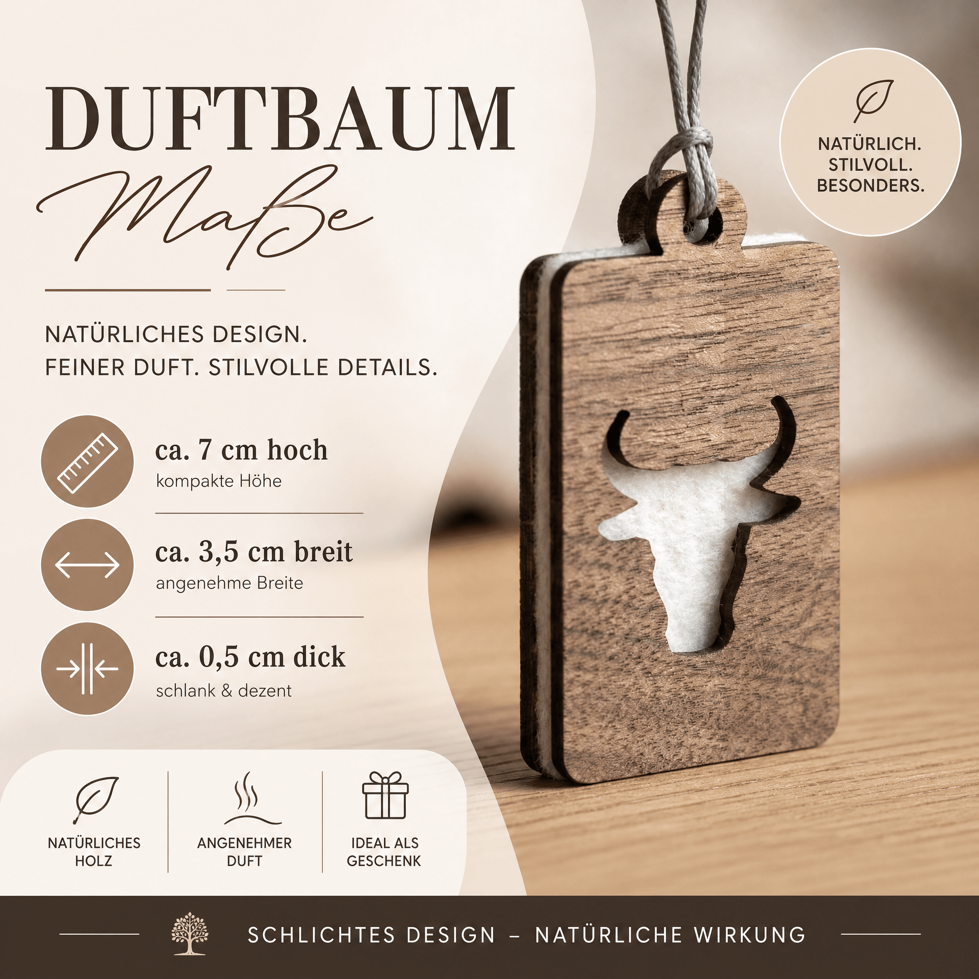 Holz Duftbaum für ätherische Öle "BULLE", Anhänger aus Nussbaumholz mit Filzpad fürs Auto - Wunderkraft naturals