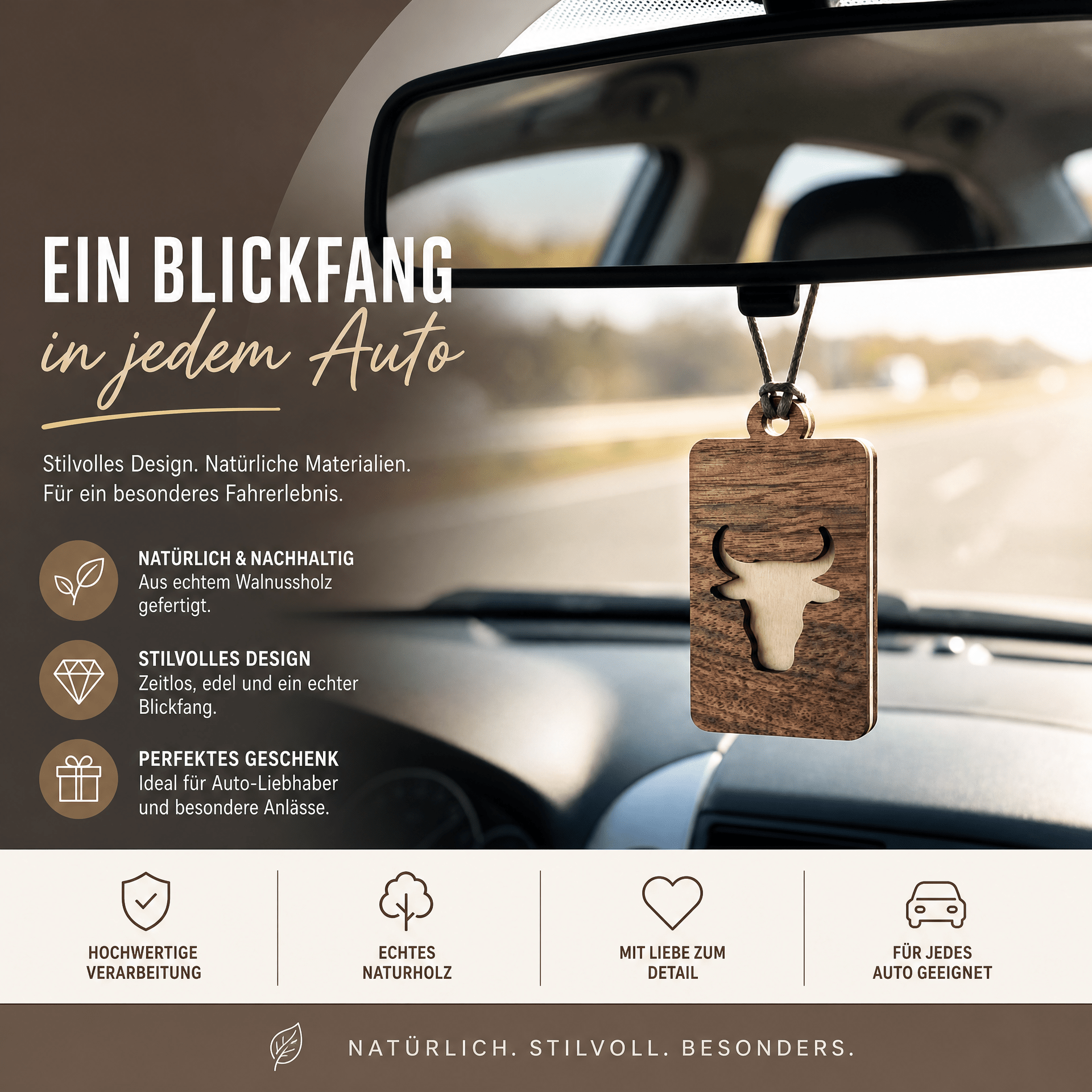 Holz Duftbaum für ätherische Öle "BULLE", Anhänger aus Nussbaumholz mit Filzpad fürs Auto - Wunderkraft naturals