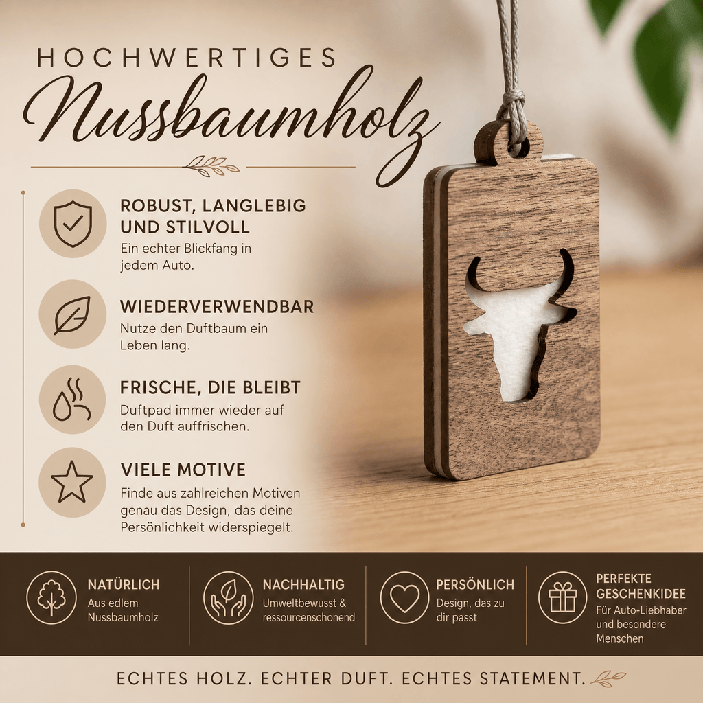 Holz Duftbaum für ätherische Öle "BULLE", Anhänger aus Nussbaumholz mit Filzpad fürs Auto - Wunderkraft naturals