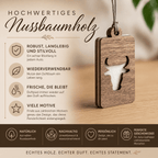 Holz Duftbaum für ätherische Öle "BULLE", Anhänger aus Nussbaumholz mit Filzpad fürs Auto - Wunderkraft naturals