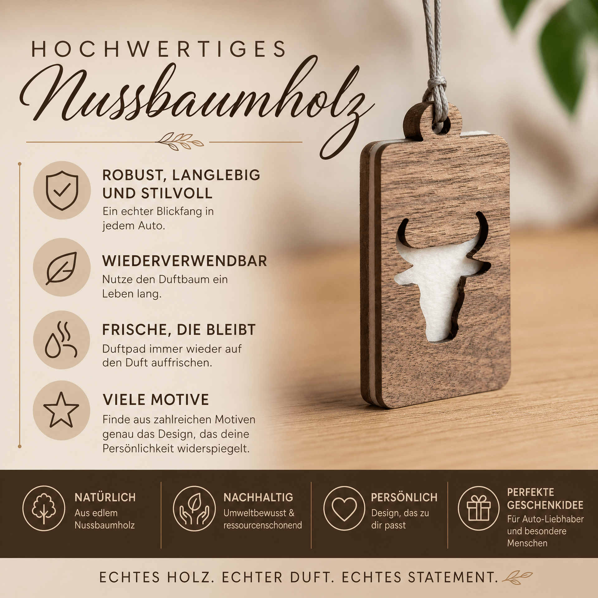 Holz Duftbaum für ätherische Öle "BULLE", Anhänger aus Nussbaumholz mit Filzpad fürs Auto - Wunderkraft naturals