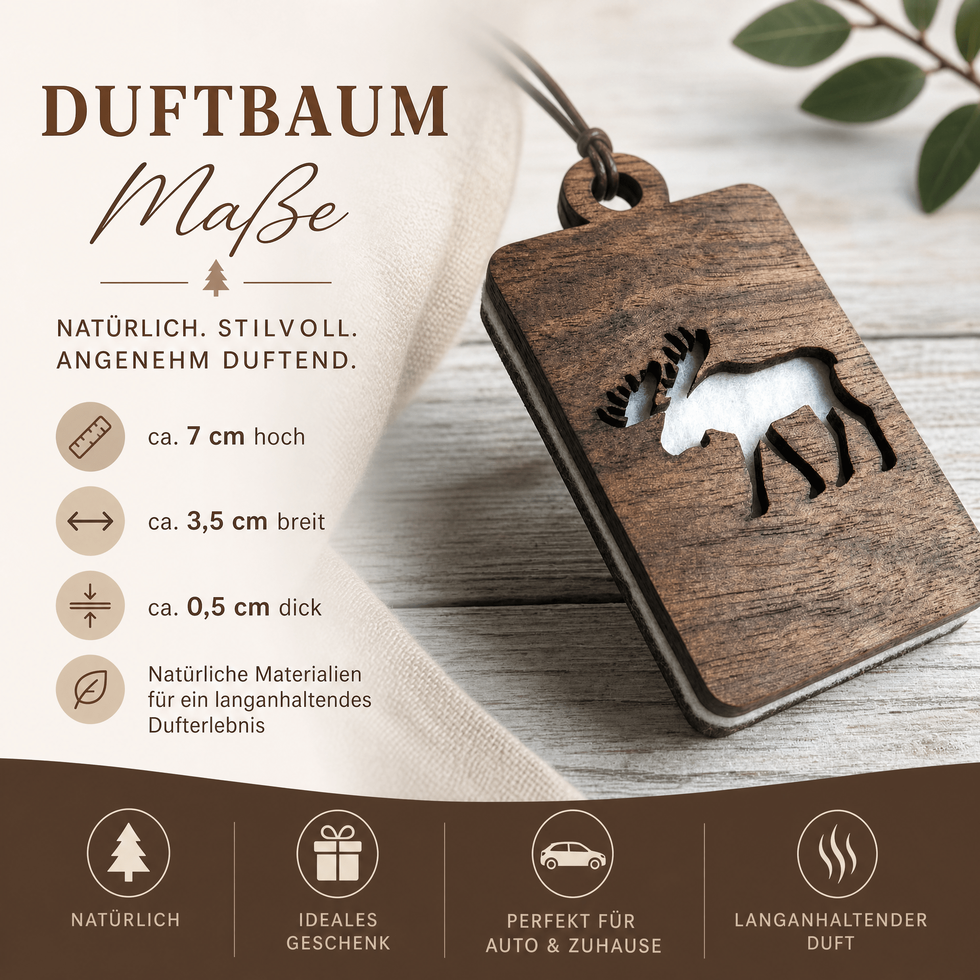 Holz Duftbaum für ätherische Öle "ELCH", Anhänger aus Nussbaumholz mit Filzpad fürs Auto - Wunderkraft naturals