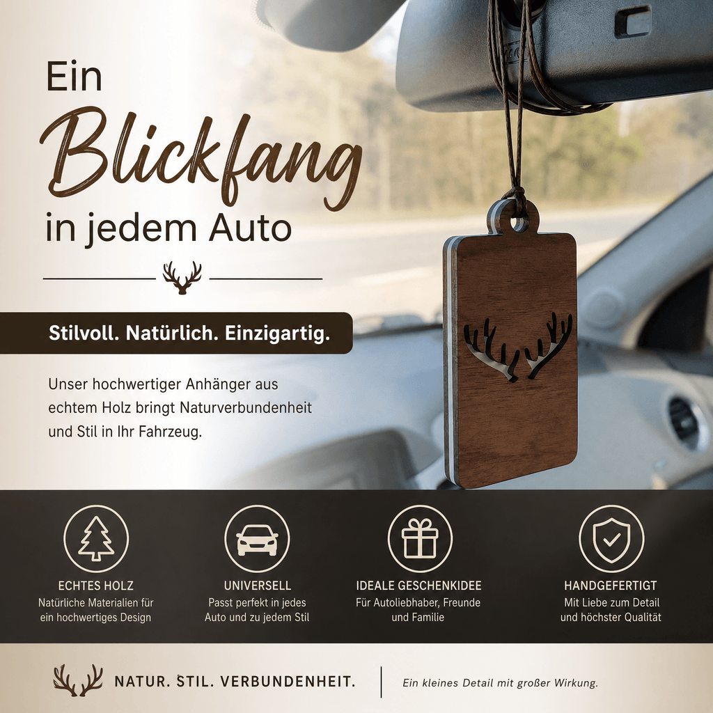 Holz Duftbaum für ätherische Öle "GEWEIH", Anhänger aus Nussbaumholz mit Filzpad fürs Auto - Wunderkraft naturals