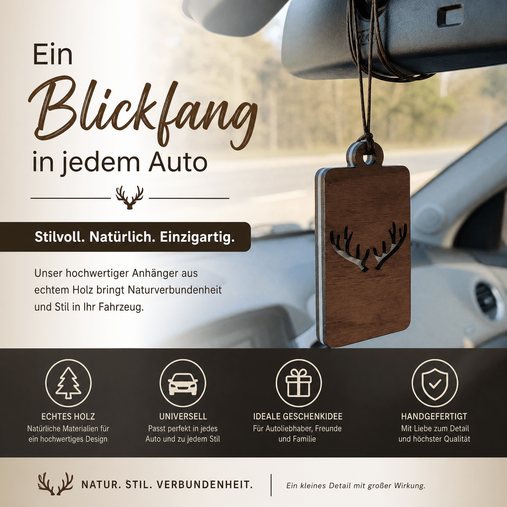 Holz Duftbaum für ätherische Öle "GEWEIH", Anhänger aus Nussbaumholz mit Filzpad fürs Auto - Wunderkraft naturals