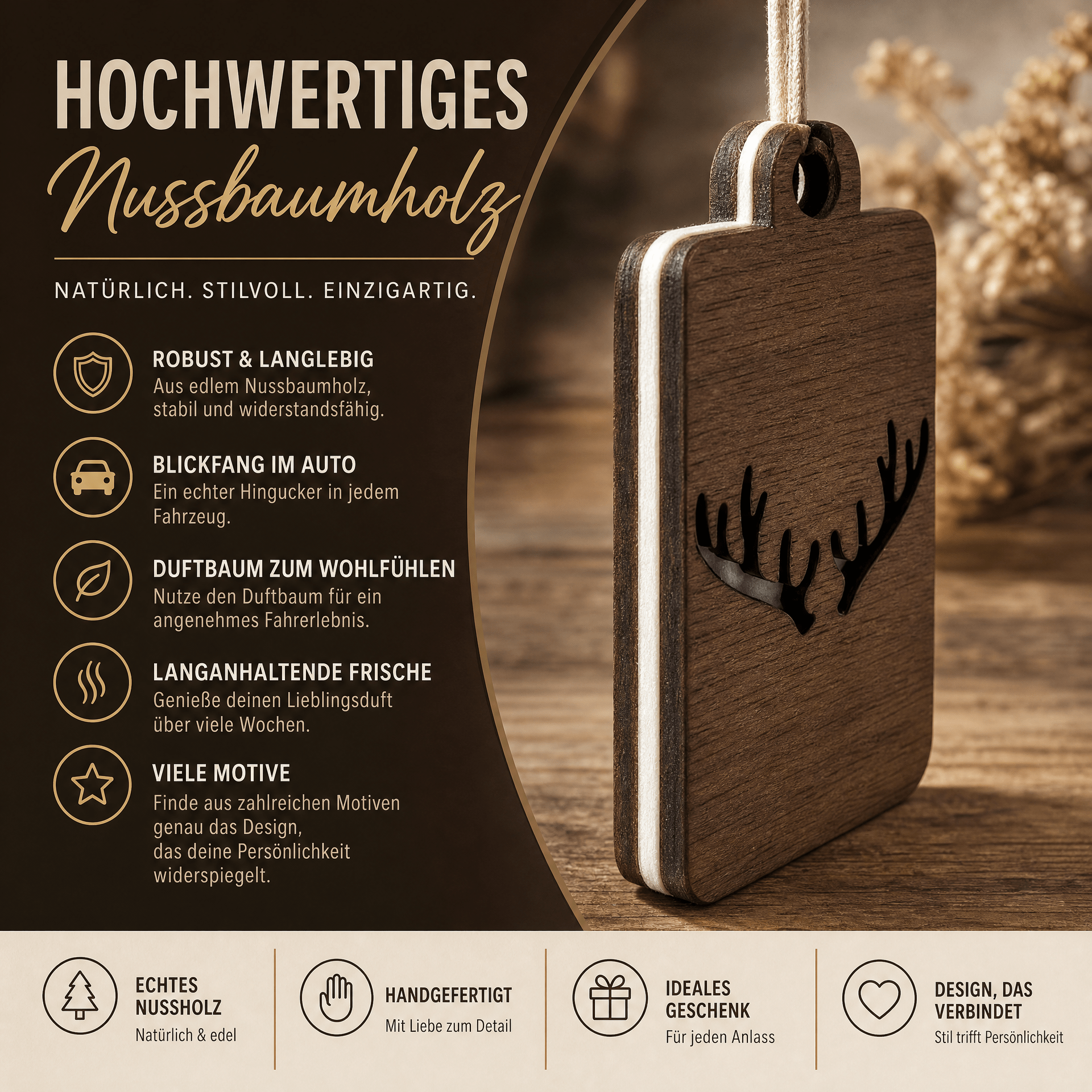 Holz Duftbaum für ätherische Öle "GEWEIH", Anhänger aus Nussbaumholz mit Filzpad fürs Auto - Wunderkraft naturals