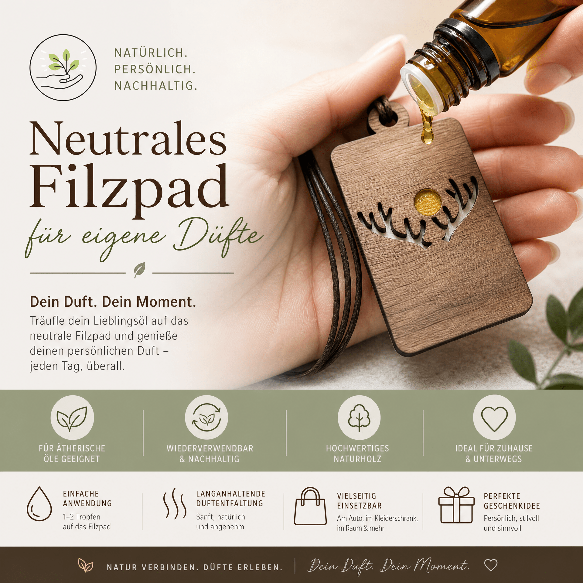 Holz Duftbaum für ätherische Öle "GEWEIH", Anhänger aus Nussbaumholz mit Filzpad fürs Auto - Wunderkraft naturals