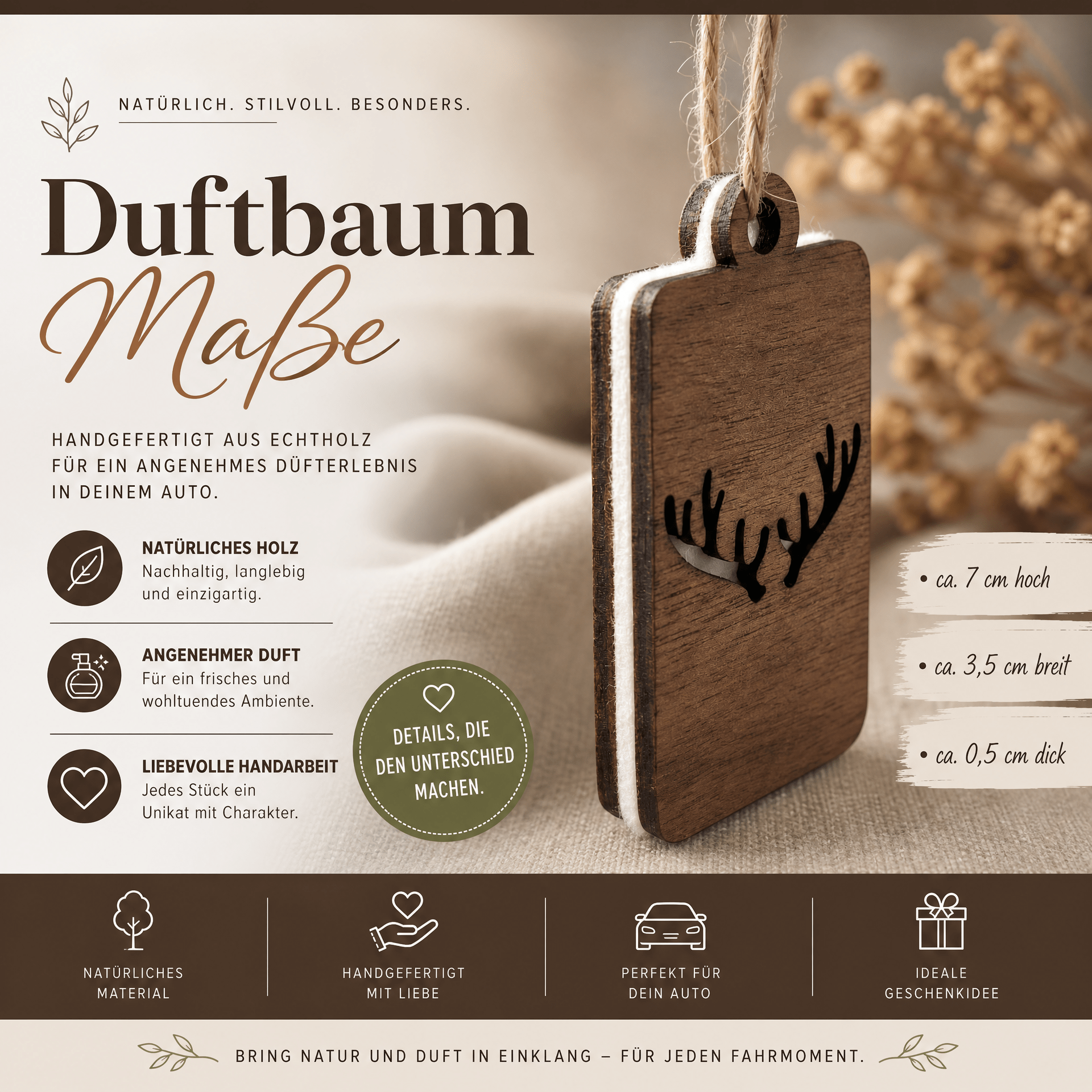 Holz Duftbaum für ätherische Öle "GEWEIH", Anhänger aus Nussbaumholz mit Filzpad fürs Auto - Wunderkraft naturals