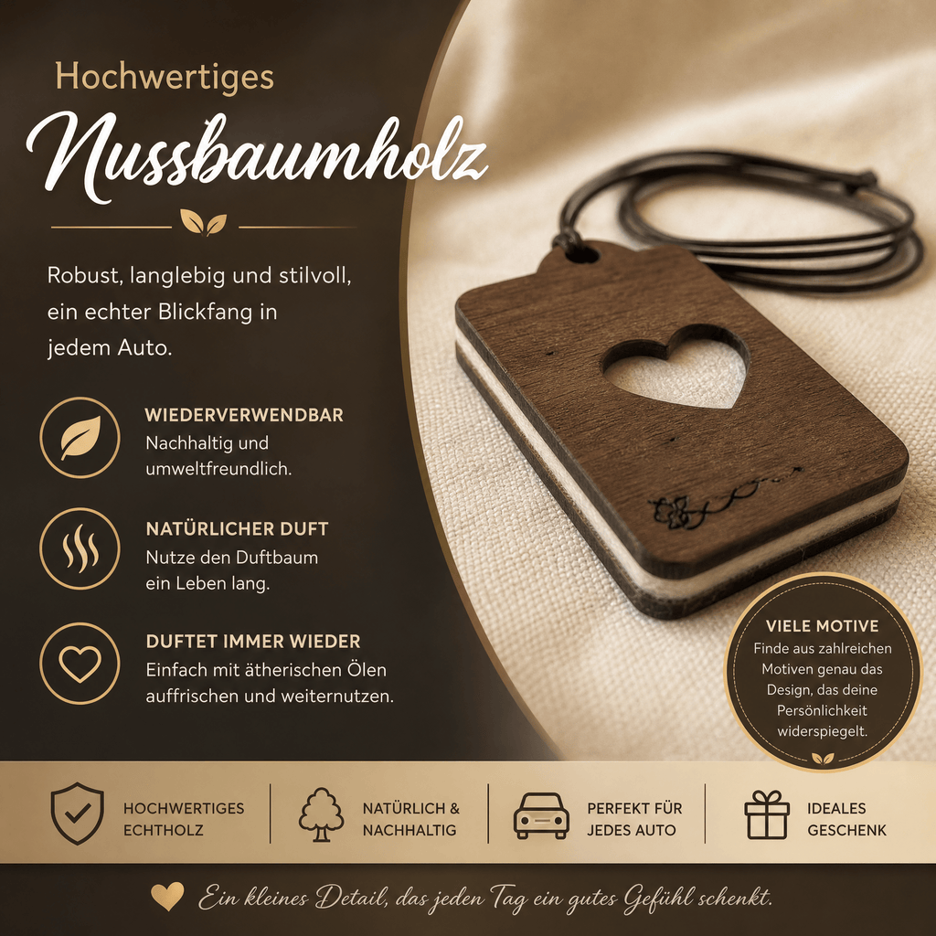 Holz Duftbaum für ätherische Öle "HERZ", Anhänger aus Nussbaumholz mit Filzpad für Duftöle - Wunderkraft naturals