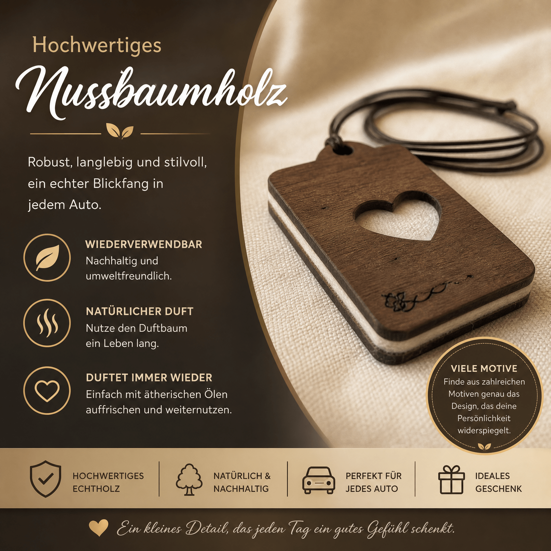 Holz Duftbaum für ätherische Öle "HERZ", Anhänger aus Nussbaumholz mit Filzpad für Duftöle - Wunderkraft naturals