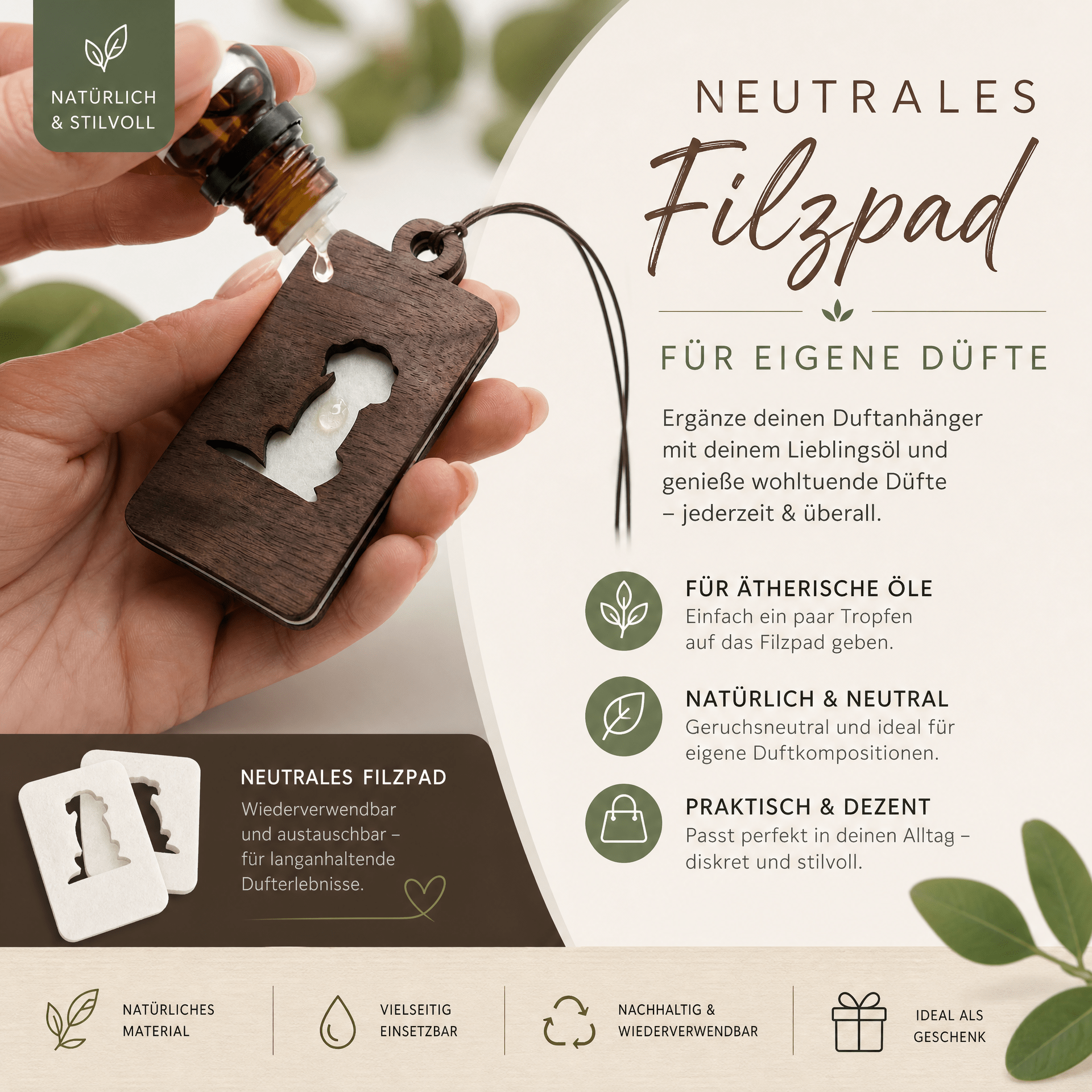 Holz Duftbaum für ätherische Öle "HUND", Anhänger aus Nussbaumholz mit Filzpad fürs Auto - Wunderkraft naturals