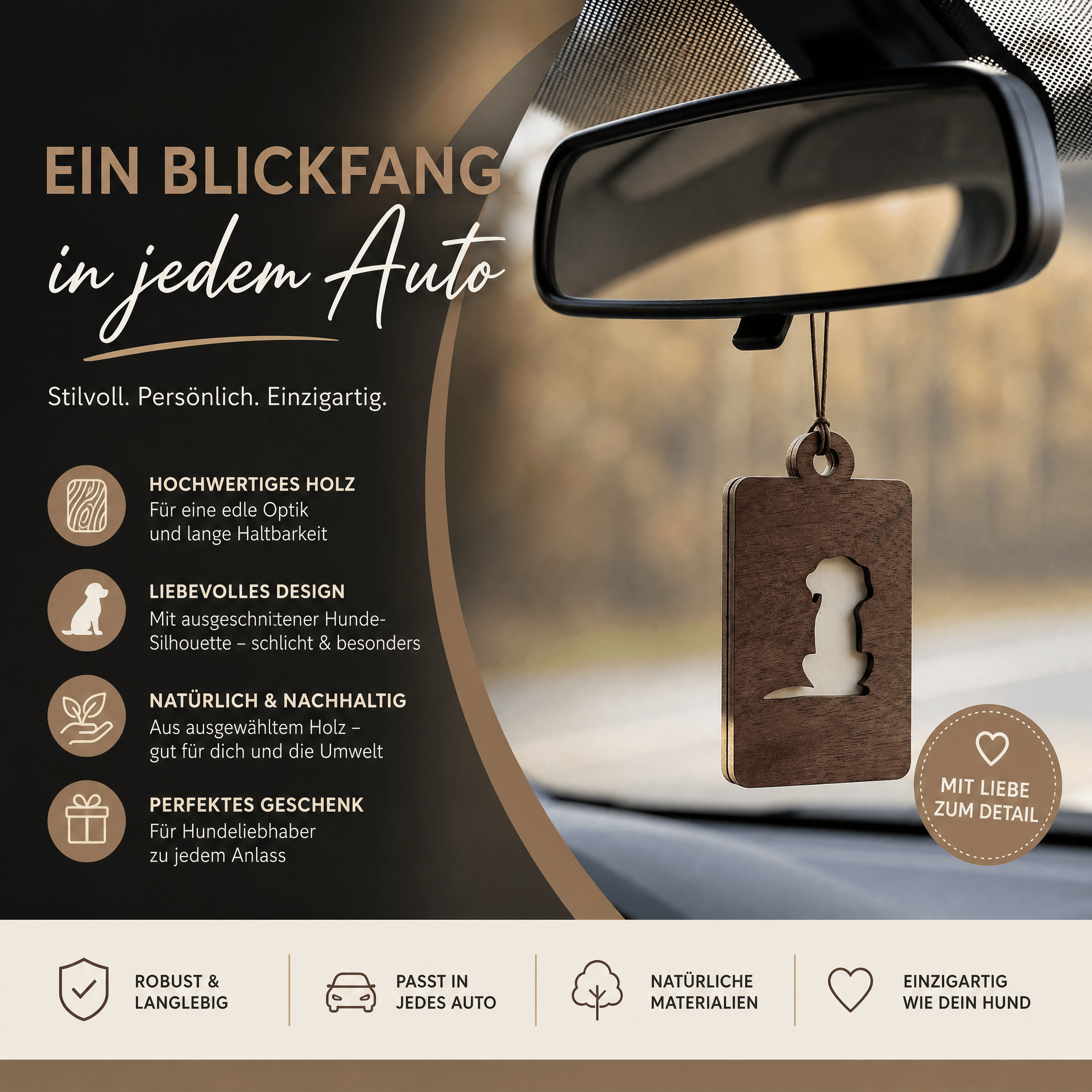 Holz Duftbaum für ätherische Öle "HUND", Anhänger aus Nussbaumholz mit Filzpad fürs Auto - Wunderkraft naturals