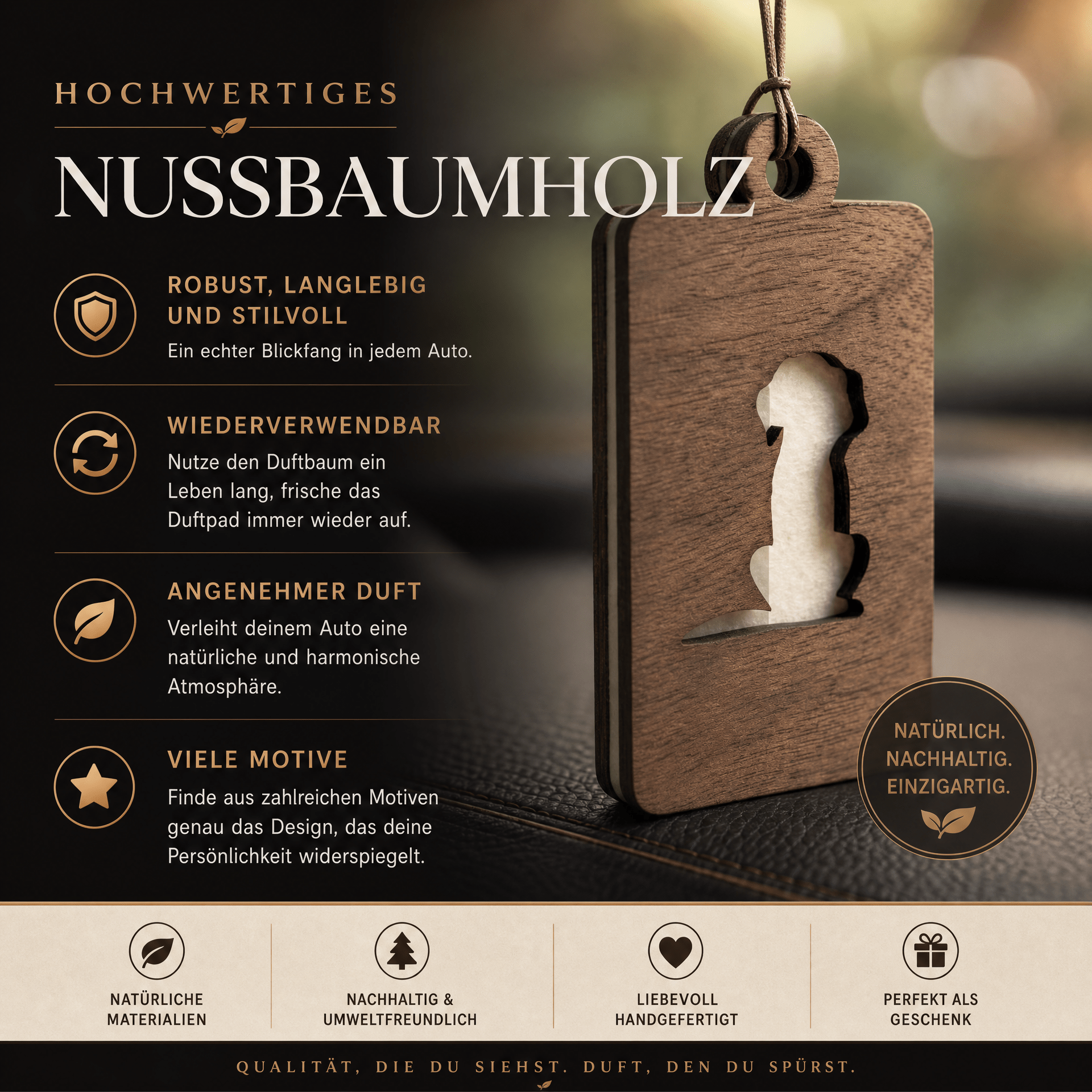 Holz Duftbaum für ätherische Öle "HUND", Anhänger aus Nussbaumholz mit Filzpad fürs Auto - Wunderkraft naturals