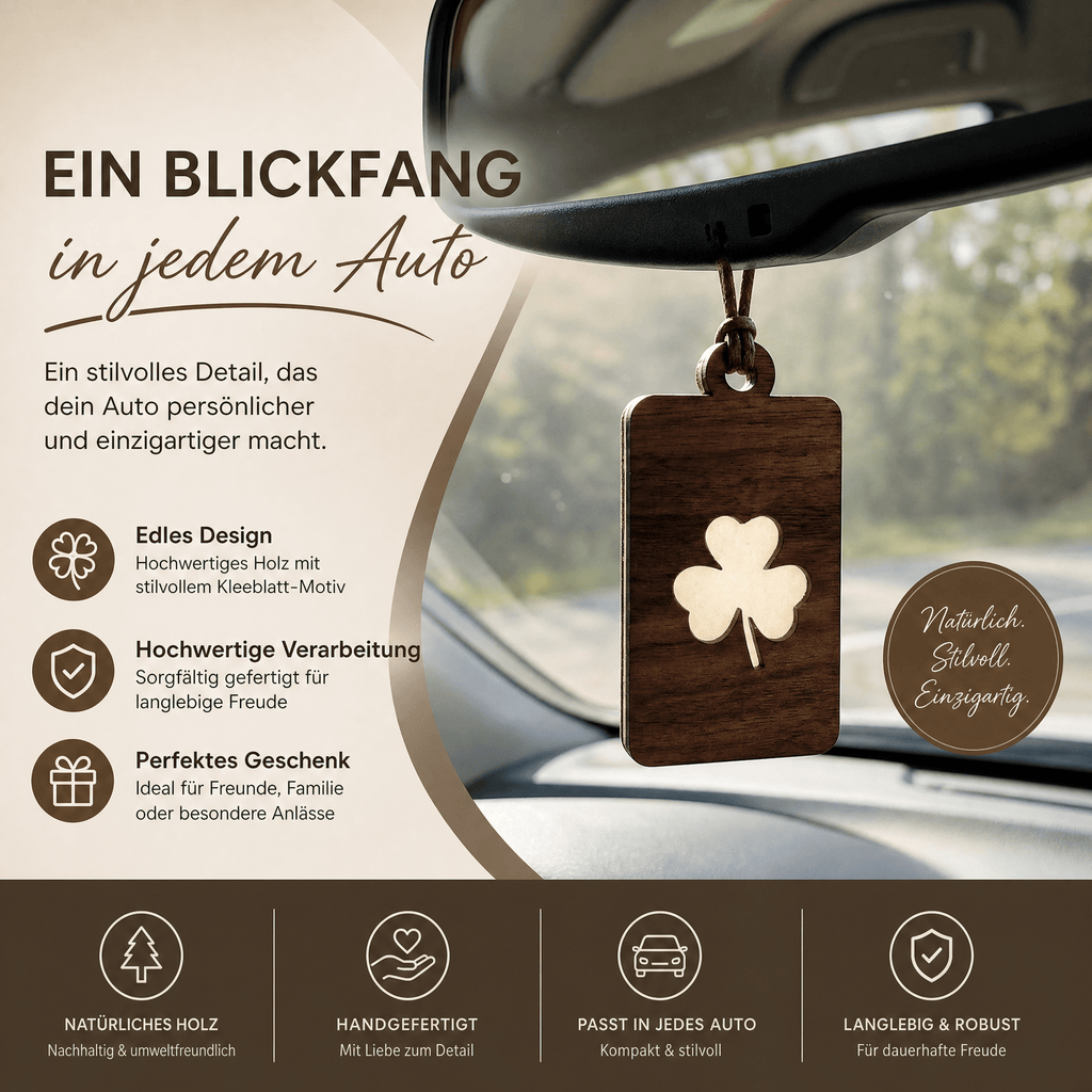 Holz Duftbaum für ätherische Öle "KLEEBLATT", Anhänger aus Nussbaumholz mit Filzpad fürs Auto - Wunderkraft naturals