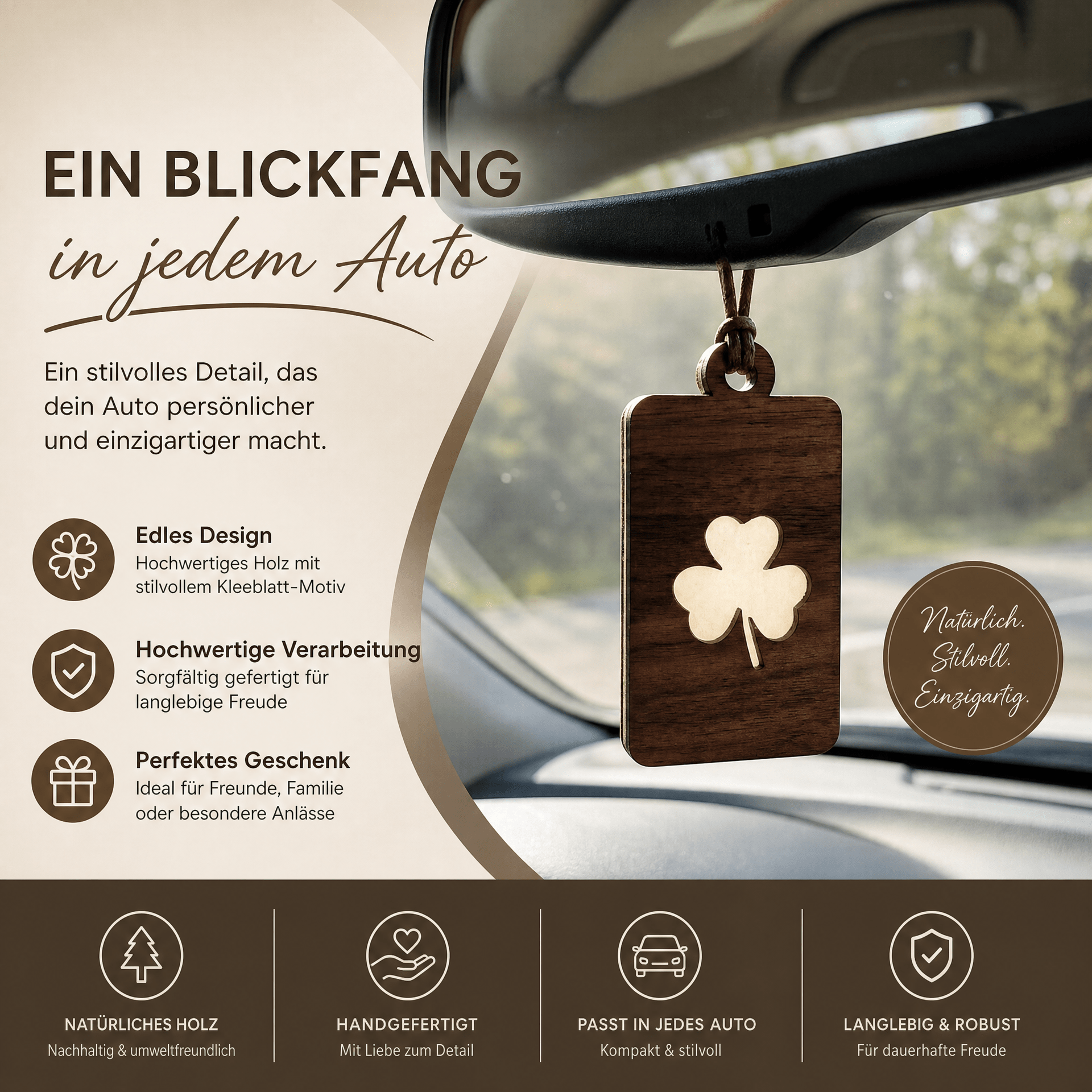 Holz Duftbaum für ätherische Öle "KLEEBLATT", Anhänger aus Nussbaumholz mit Filzpad fürs Auto - Wunderkraft naturals