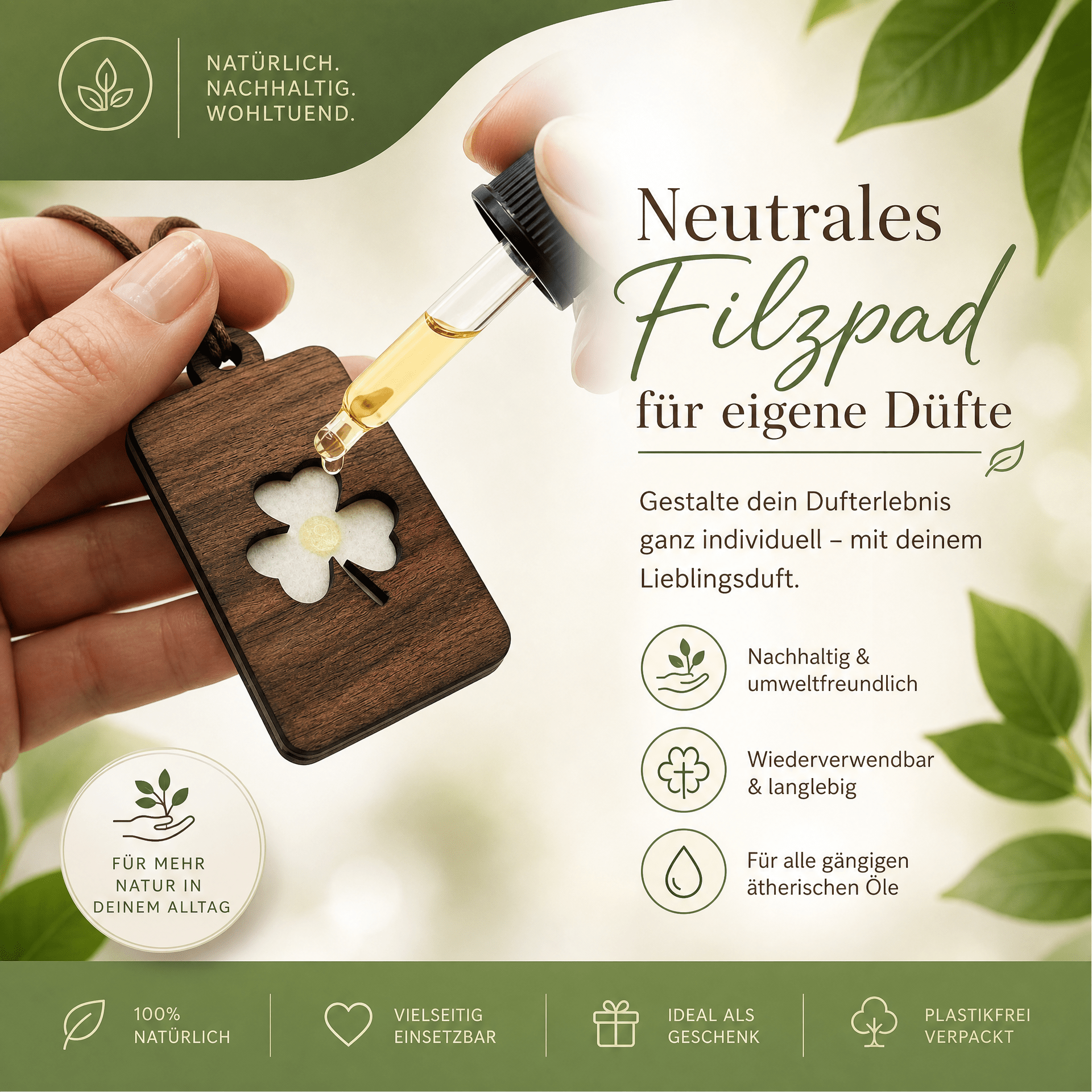 Holz Duftbaum für ätherische Öle "KLEEBLATT", Anhänger aus Nussbaumholz mit Filzpad fürs Auto - Wunderkraft naturals
