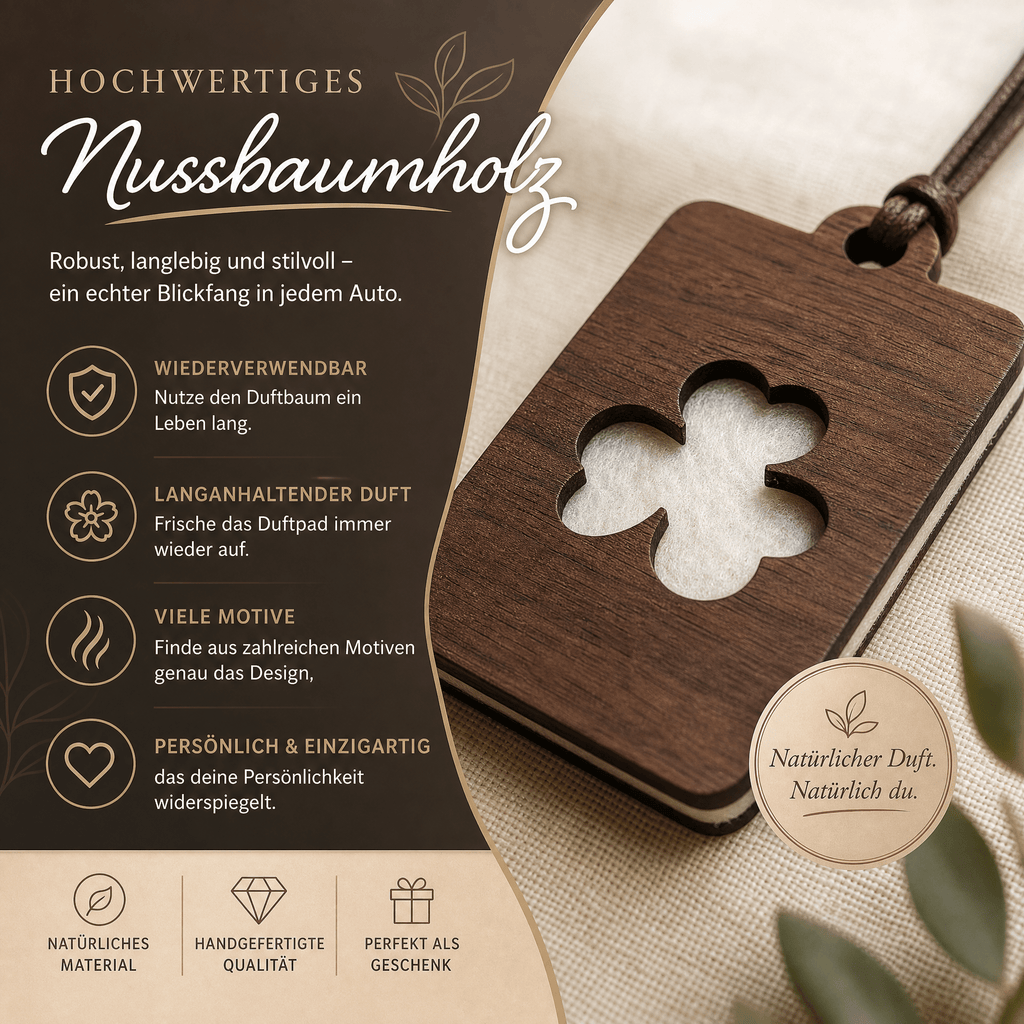 Holz Duftbaum für ätherische Öle "KLEEBLATT", Anhänger aus Nussbaumholz mit Filzpad fürs Auto - Wunderkraft naturals
