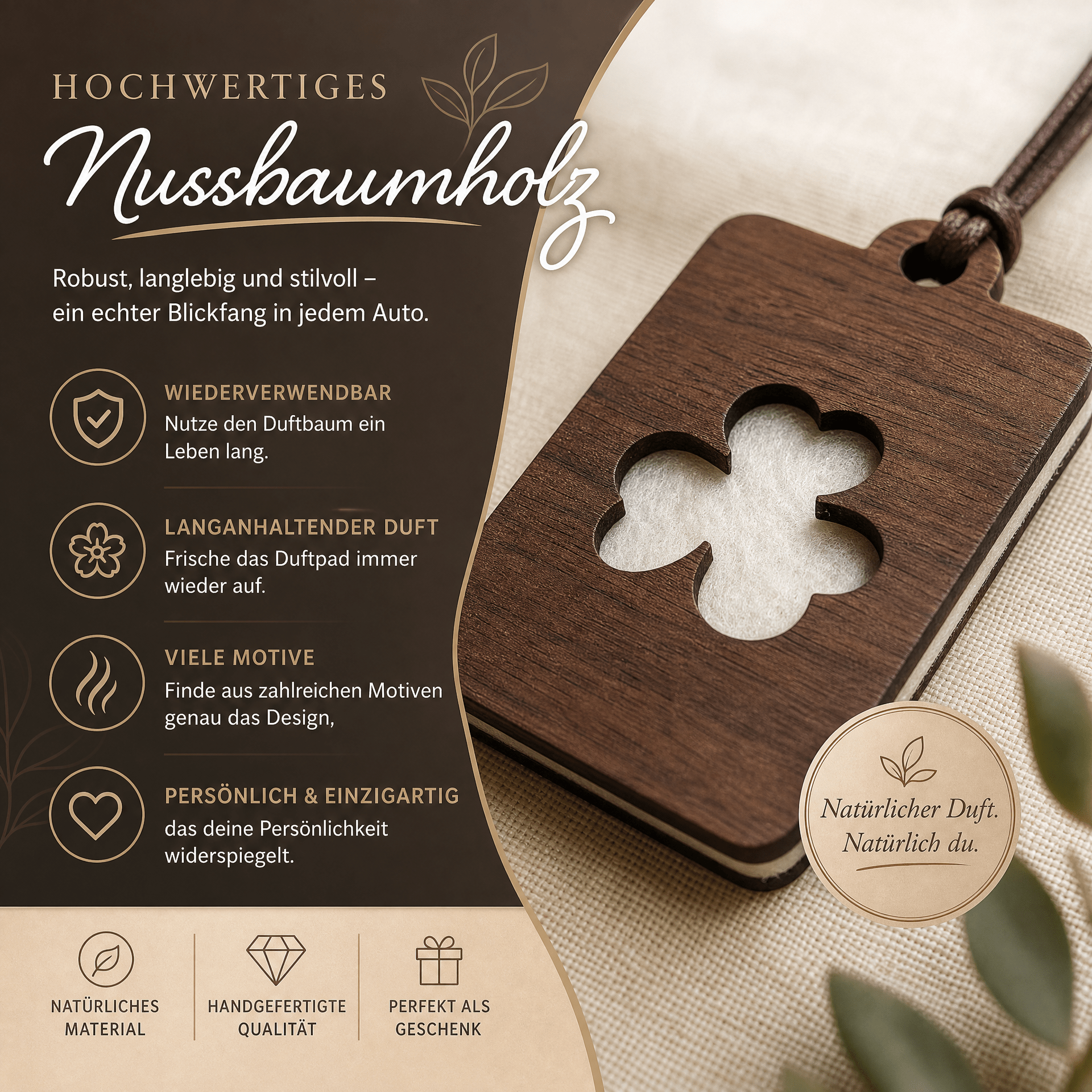 Holz Duftbaum für ätherische Öle "KLEEBLATT", Anhänger aus Nussbaumholz mit Filzpad fürs Auto - Wunderkraft naturals