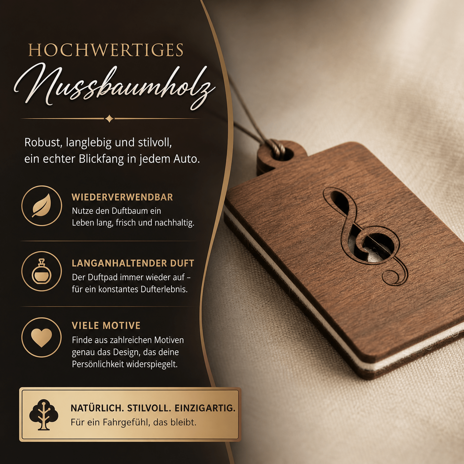 Holz Duftbaum für ätherische Öle "NOTENSCHLÜSSEL", Anhänger aus Nussbaumholz mit Filzpad fürs Auto - Wunderkraft naturals