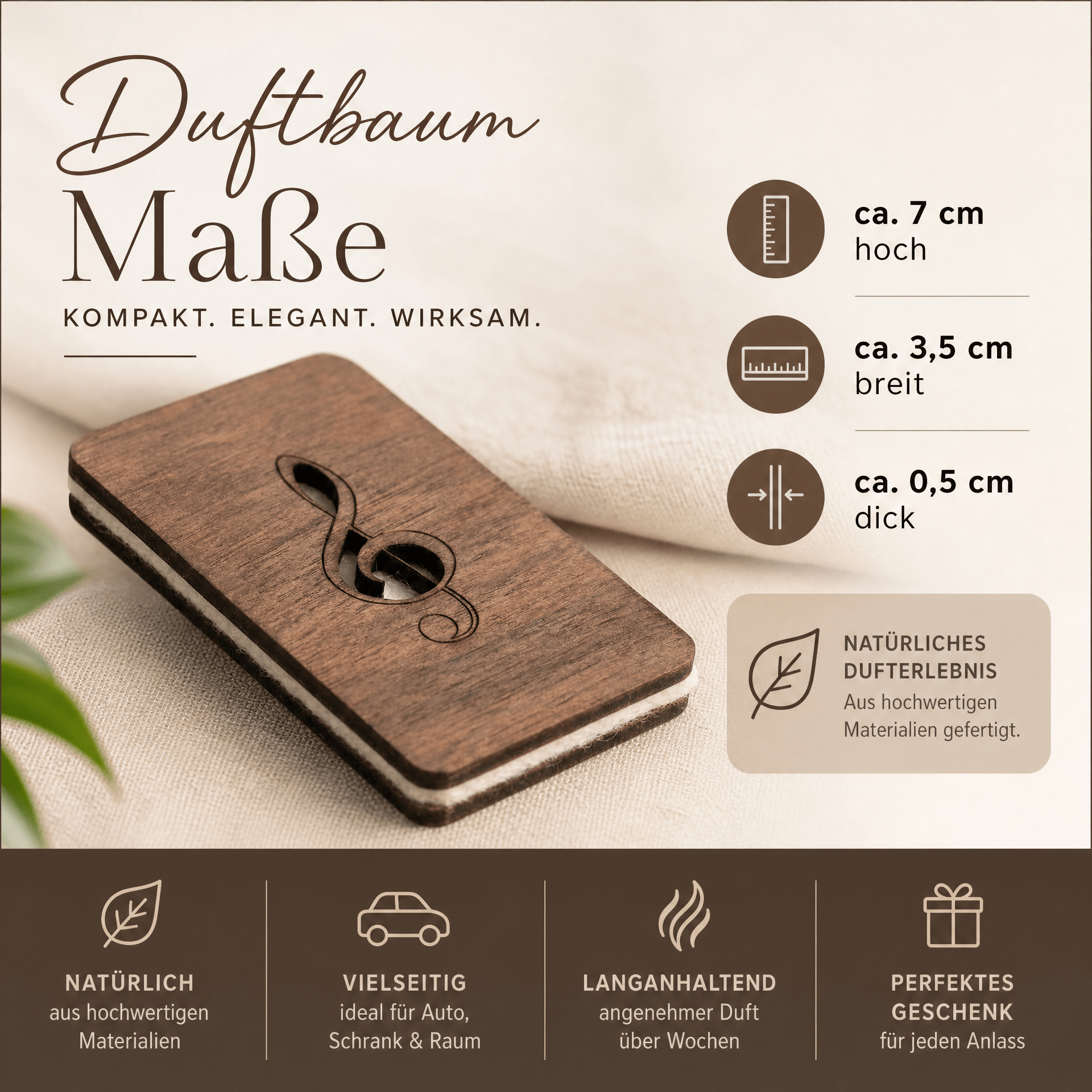 Holz Duftbaum für ätherische Öle "NOTENSCHLÜSSEL", Anhänger aus Nussbaumholz mit Filzpad fürs Auto - Wunderkraft naturals