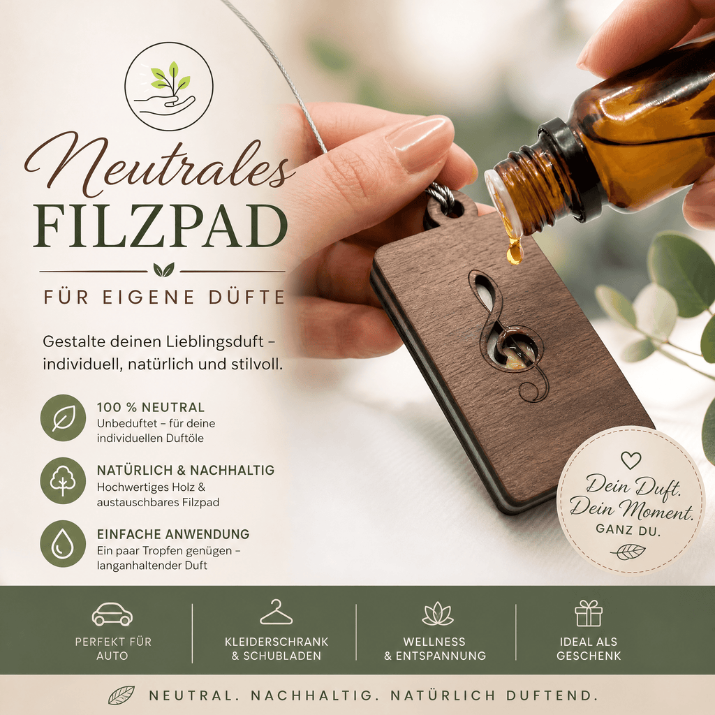 Holz Duftbaum für ätherische Öle "NOTENSCHLÜSSEL", Anhänger aus Nussbaumholz mit Filzpad fürs Auto - Wunderkraft naturals