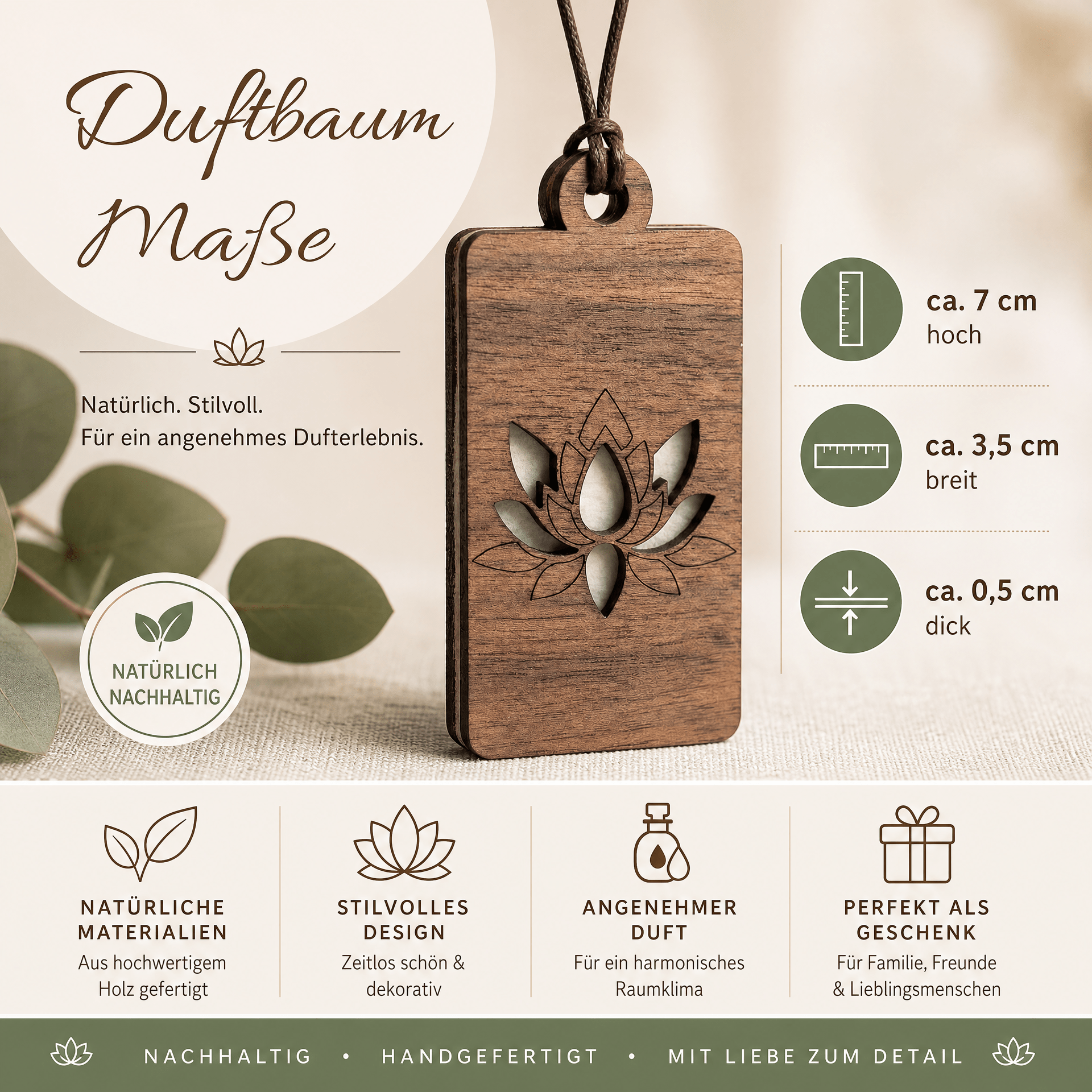 Holz Duftbaum für ätherische Öle "PFINGSTROSE", Anhänger aus Nussbaumholz mit Filzpad für ätherische Öle - Wunderkraft naturals