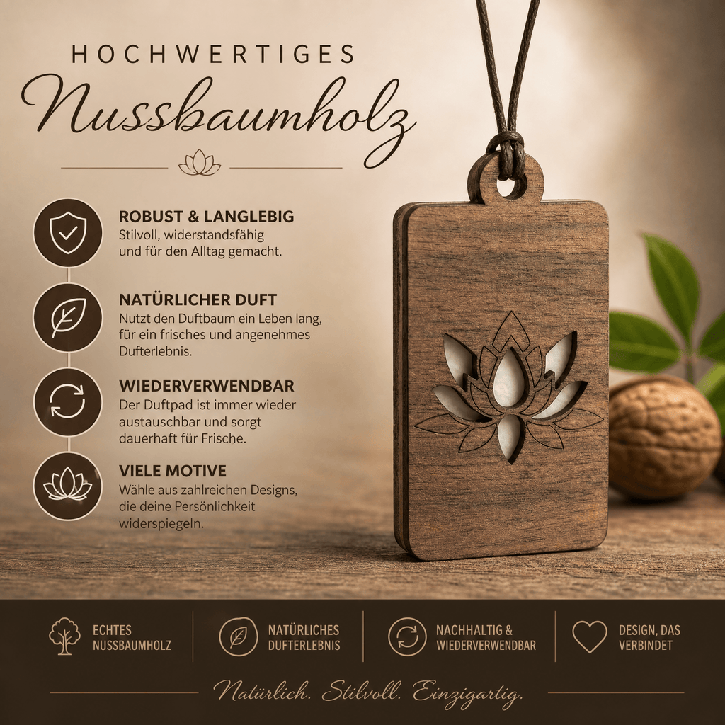 Holz Duftbaum für ätherische Öle "PFINGSTROSE", Anhänger aus Nussbaumholz mit Filzpad für ätherische Öle - Wunderkraft naturals