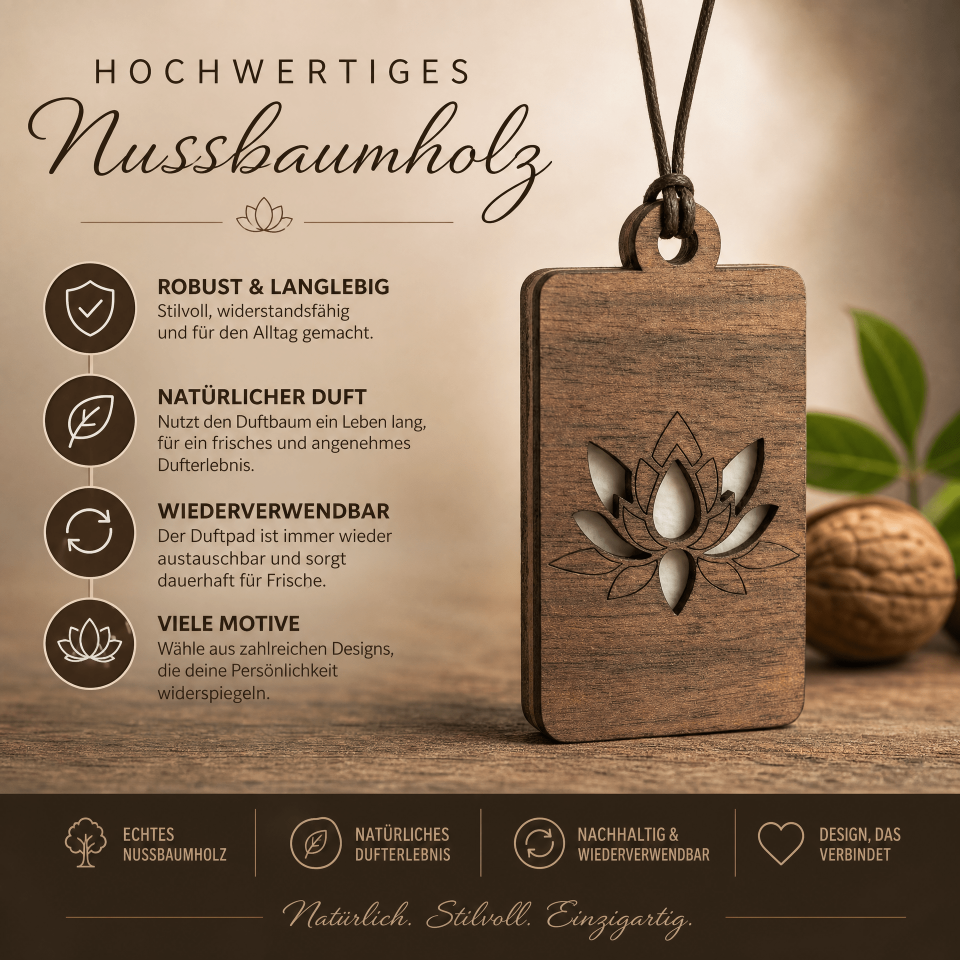Holz Duftbaum für ätherische Öle "PFINGSTROSE", Anhänger aus Nussbaumholz mit Filzpad für ätherische Öle - Wunderkraft naturals