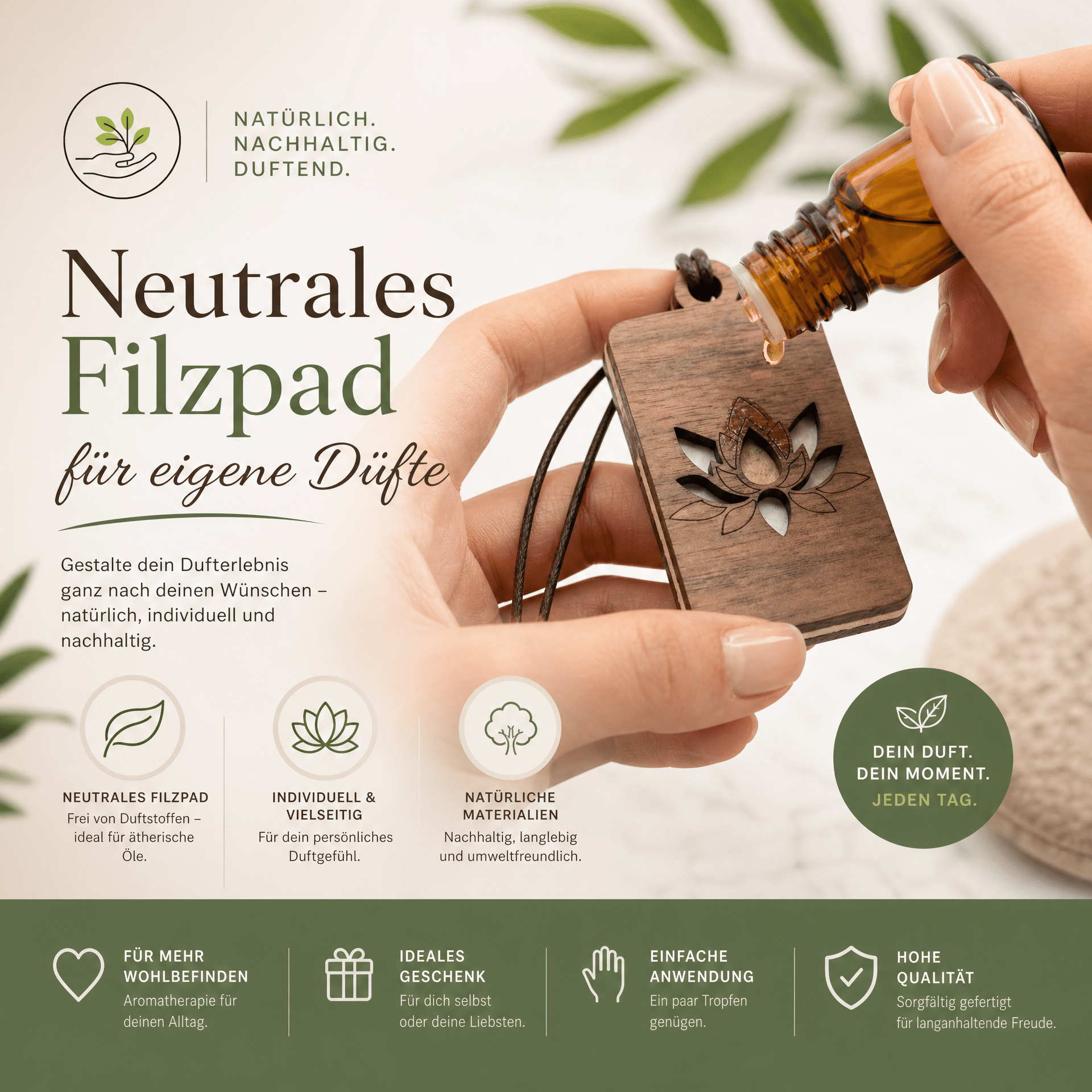 Holz Duftbaum für ätherische Öle "PFINGSTROSE", Anhänger aus Nussbaumholz mit Filzpad für ätherische Öle - Wunderkraft naturals