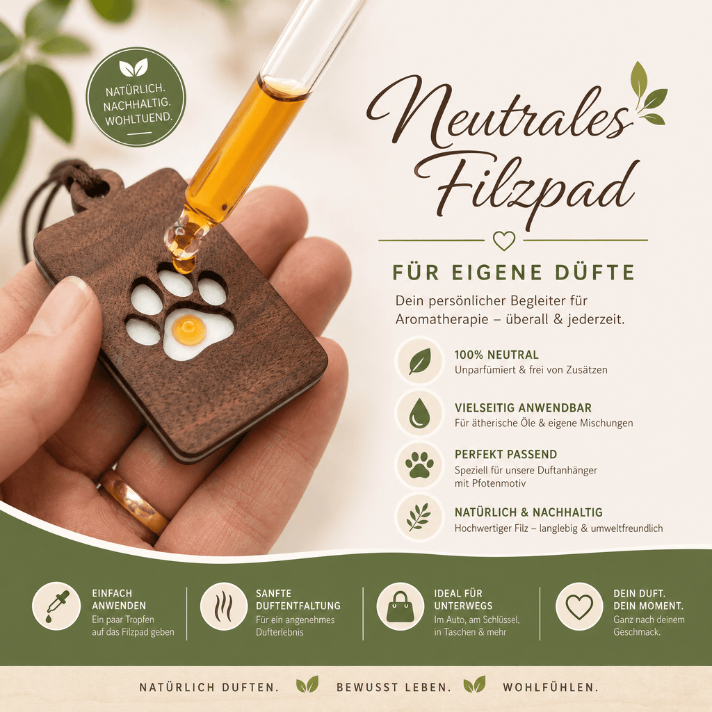 Holz Duftbaum für ätherische Öle "PFOTE", Anhänger aus Nussbaumholz mit Filzpad fürs Auto - Wunderkraft naturals
