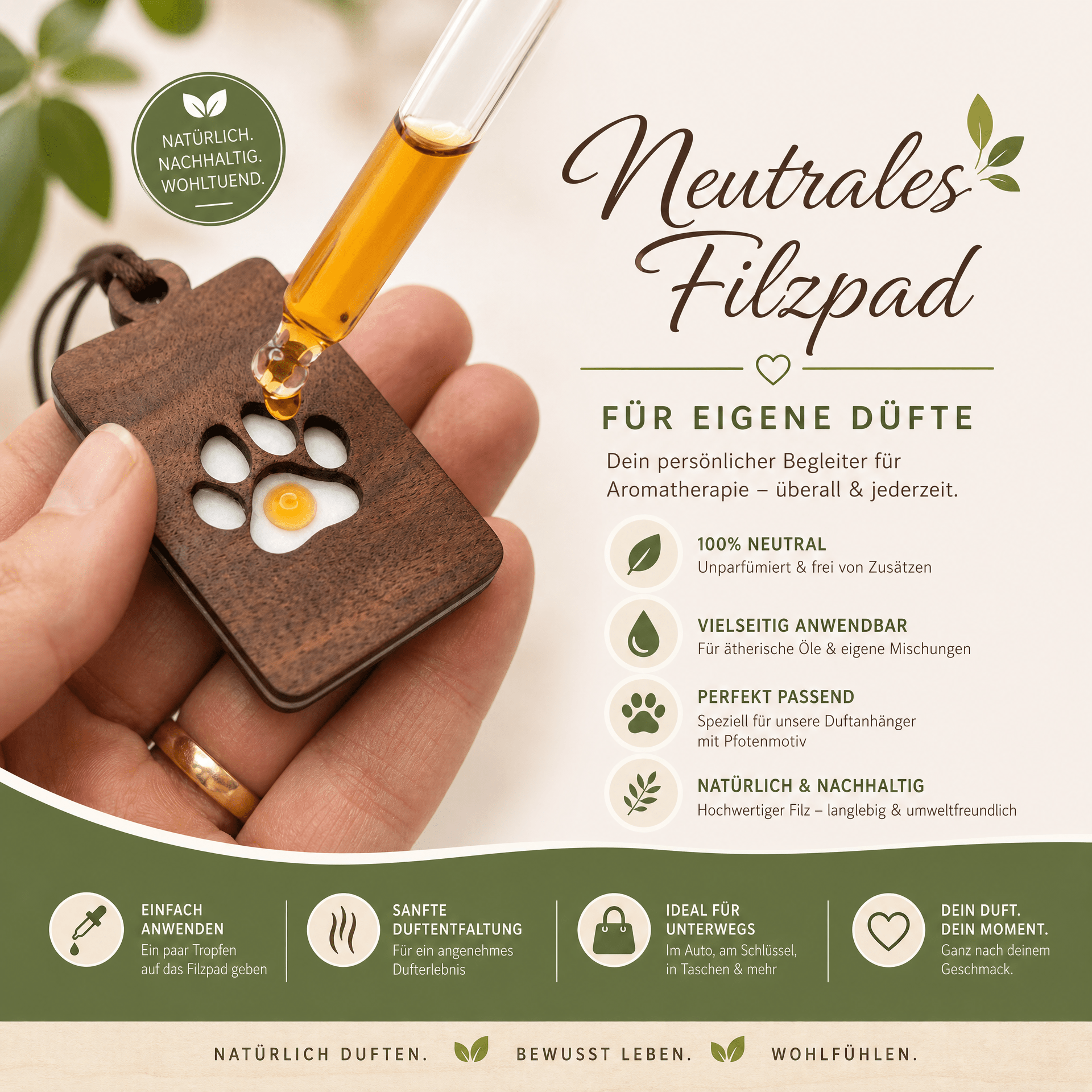 Holz Duftbaum für ätherische Öle "PFOTE", Anhänger aus Nussbaumholz mit Filzpad fürs Auto - Wunderkraft naturals