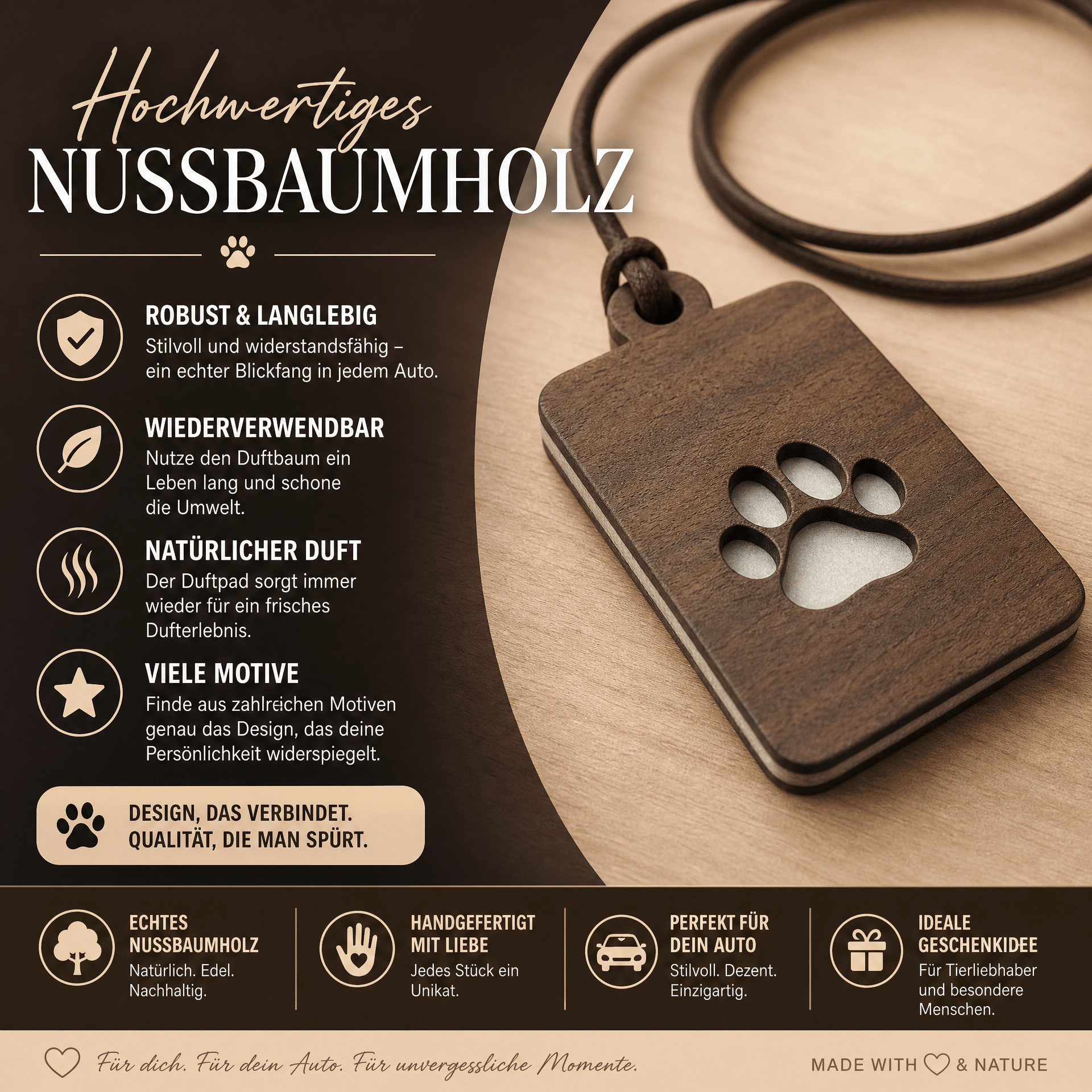 Holz Duftbaum für ätherische Öle "PFOTE", Anhänger aus Nussbaumholz mit Filzpad fürs Auto - Wunderkraft naturals