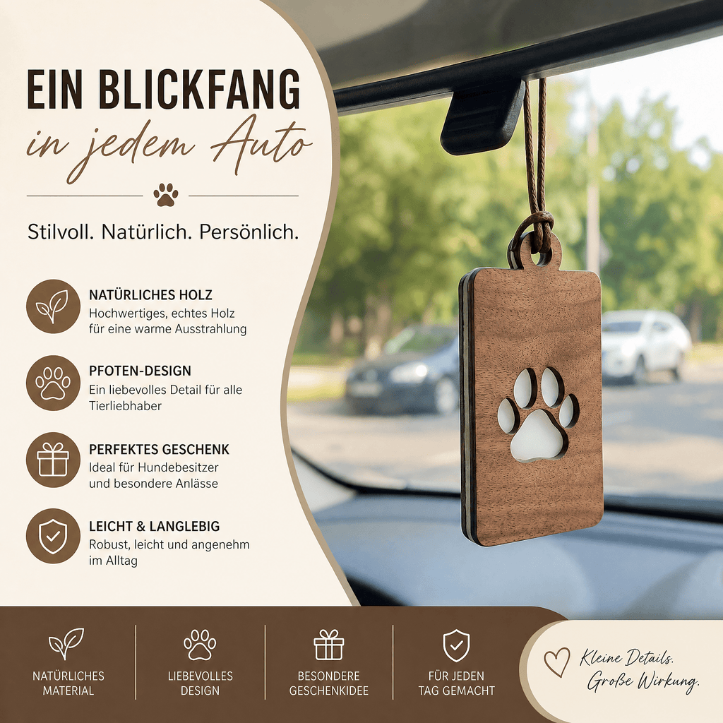 Holz Duftbaum für ätherische Öle "PFOTE", Anhänger aus Nussbaumholz mit Filzpad fürs Auto - Wunderkraft naturals