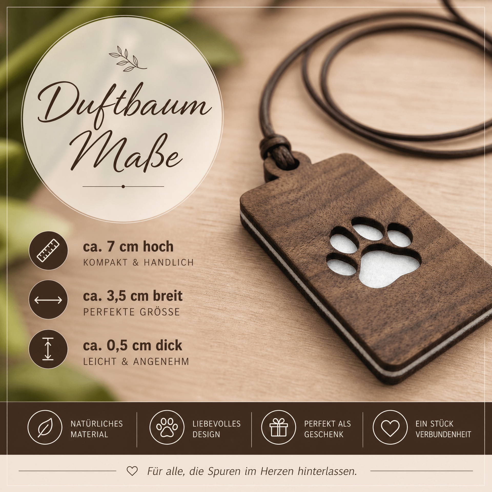 Holz Duftbaum für ätherische Öle "PFOTE", Anhänger aus Nussbaumholz mit Filzpad fürs Auto - Wunderkraft naturals