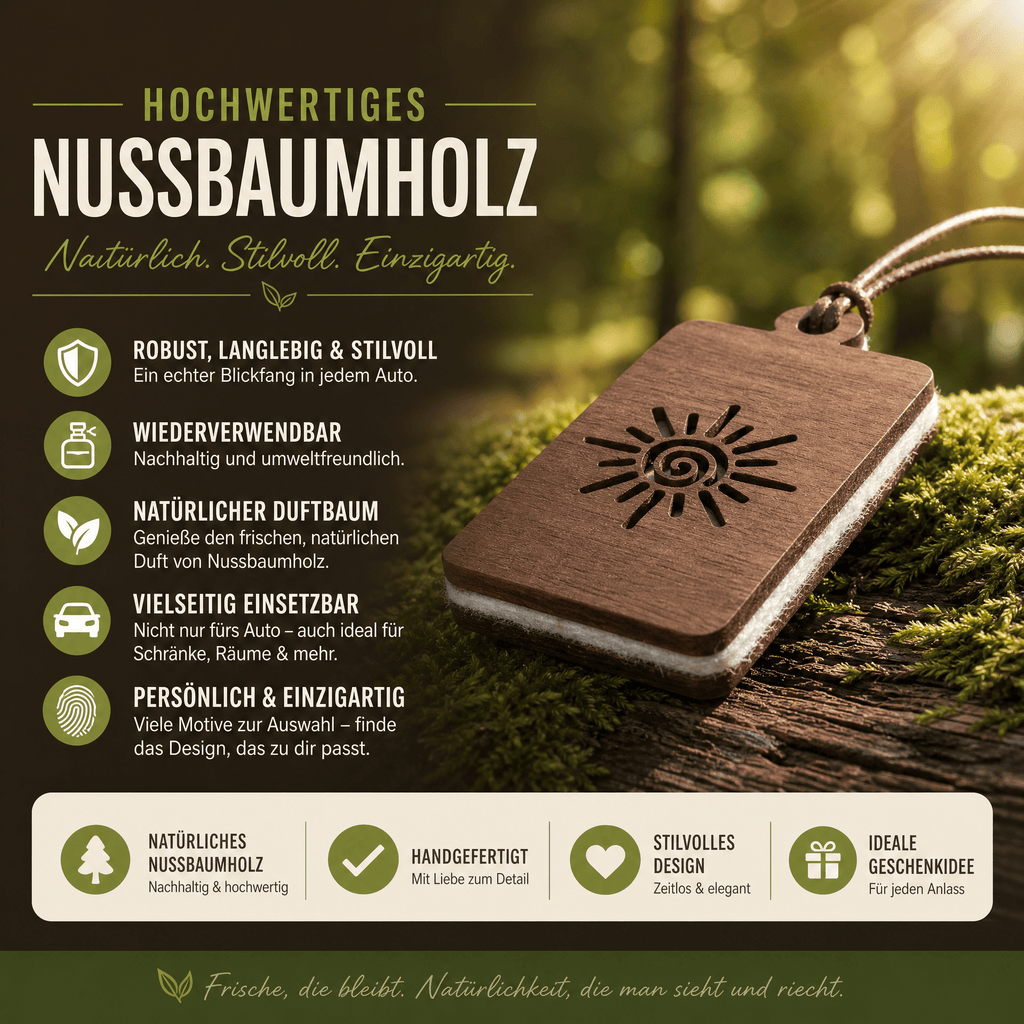 Holz Duftbaum für ätherische Öle "SONNE", Anhänger aus Nussbaumholz mit Filzpad fürs Auto - Wunderkraft naturals
