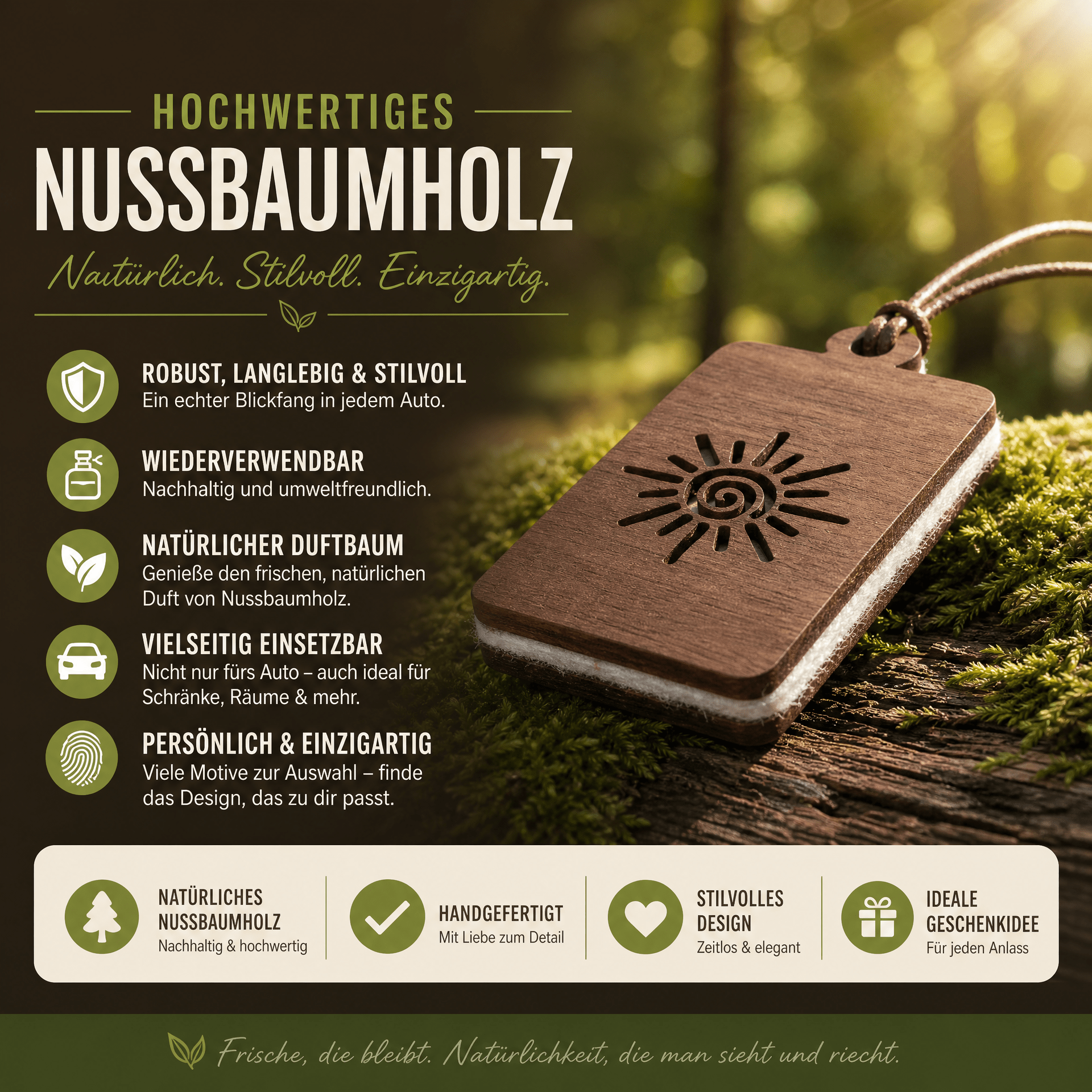 Holz Duftbaum für ätherische Öle "SONNE", Anhänger aus Nussbaumholz mit Filzpad fürs Auto - Wunderkraft naturals
