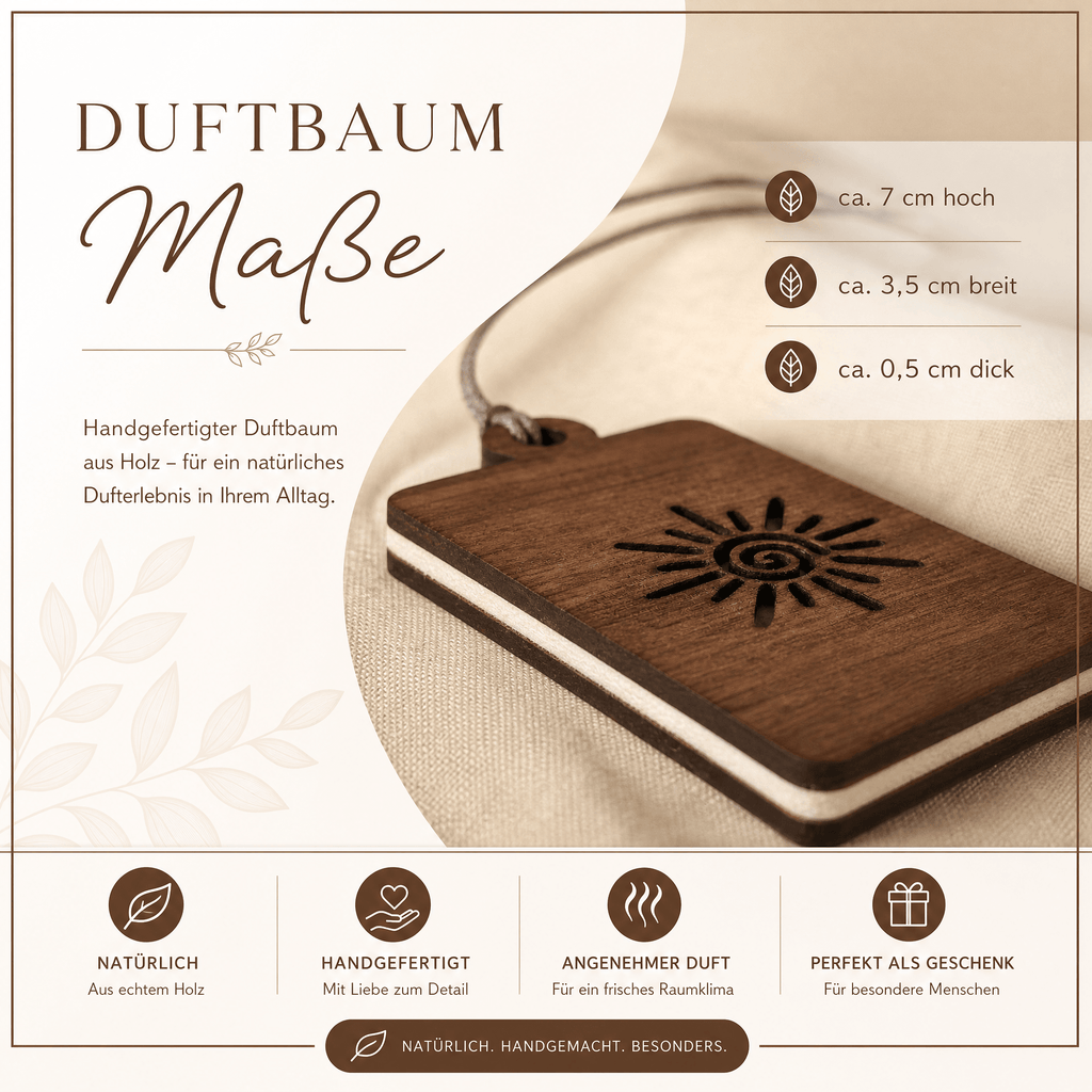 Holz Duftbaum für ätherische Öle "SONNE", Anhänger aus Nussbaumholz mit Filzpad fürs Auto - Wunderkraft naturals