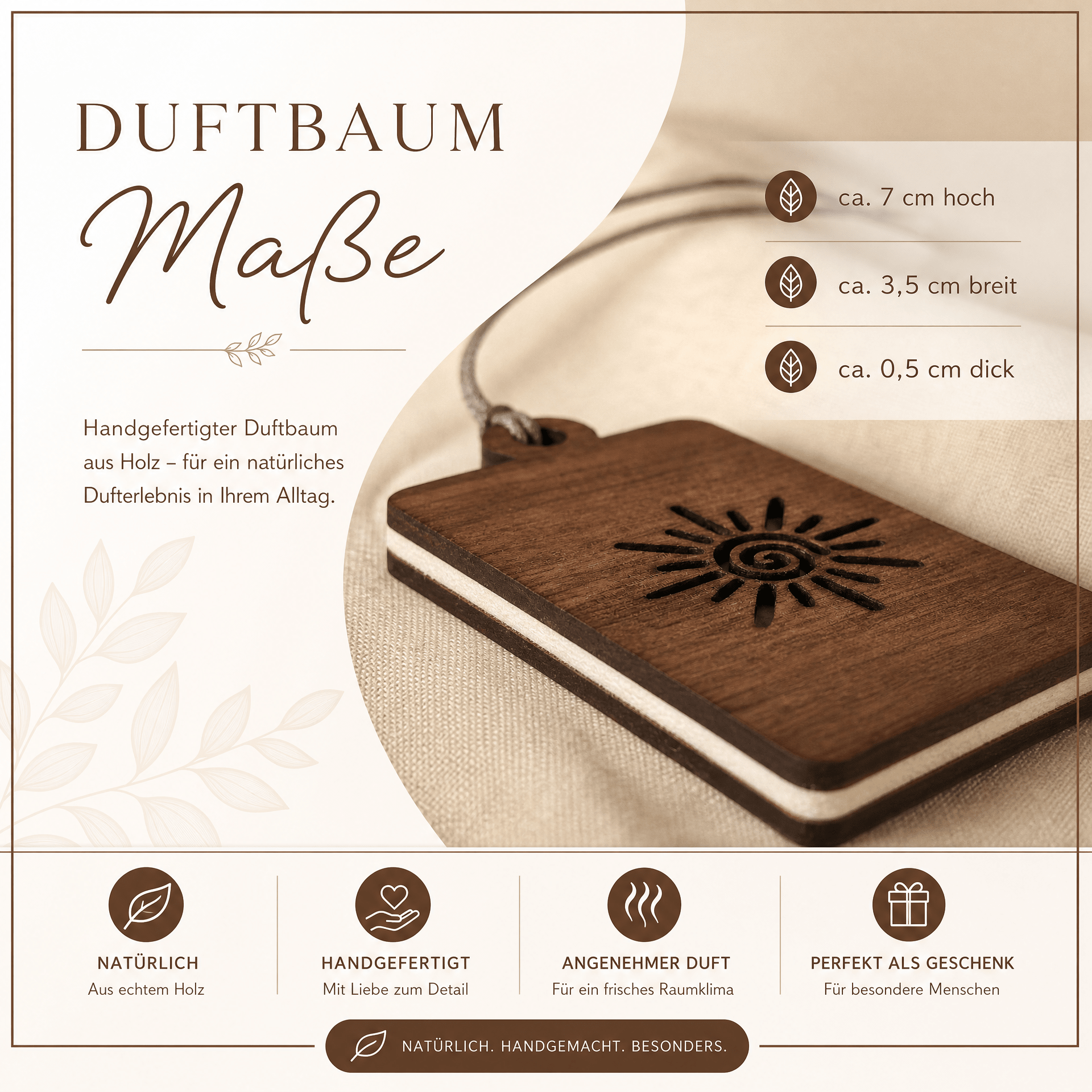 Holz Duftbaum für ätherische Öle "SONNE", Anhänger aus Nussbaumholz mit Filzpad fürs Auto - Wunderkraft naturals