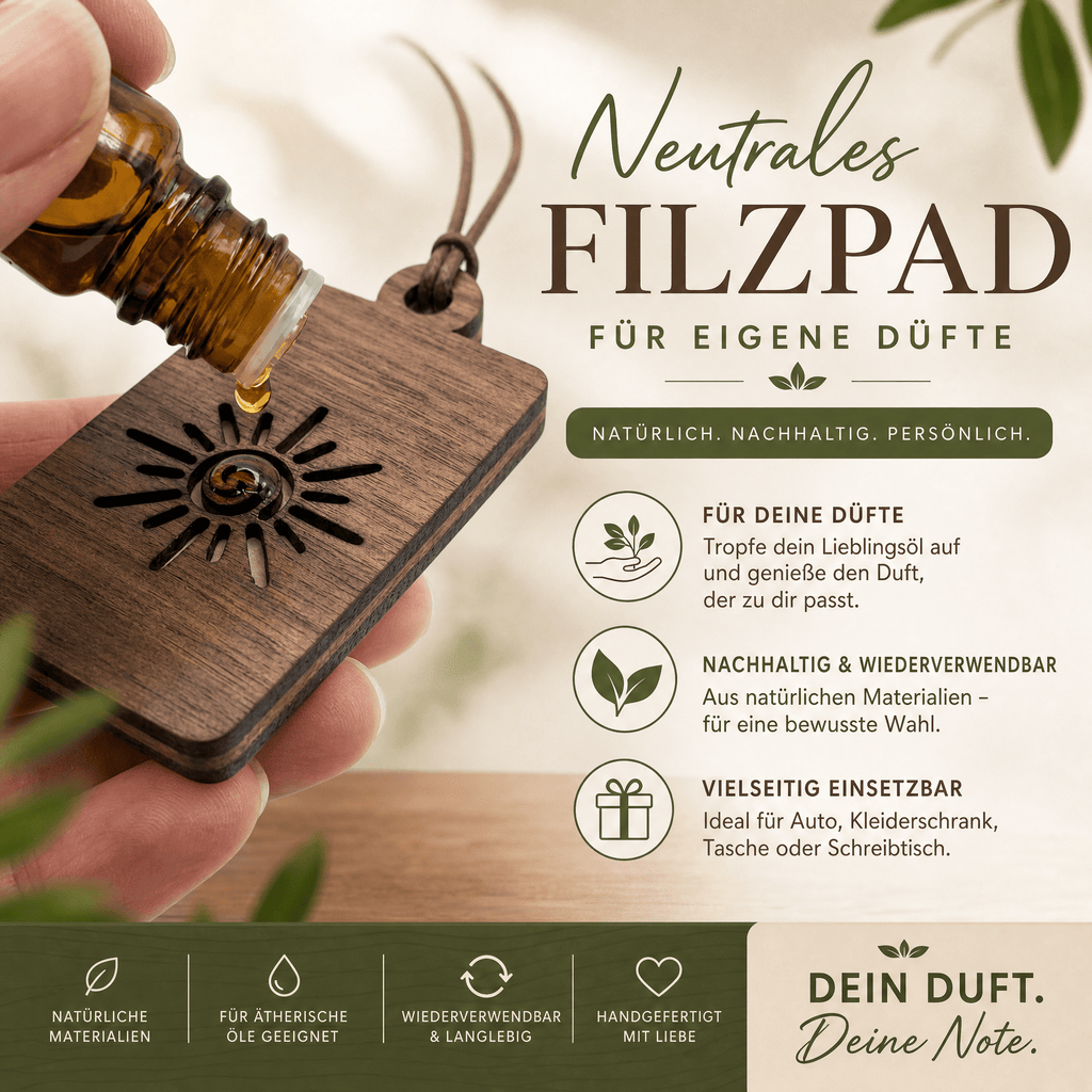 Holz Duftbaum für ätherische Öle "SONNE", Anhänger aus Nussbaumholz mit Filzpad fürs Auto - Wunderkraft naturals