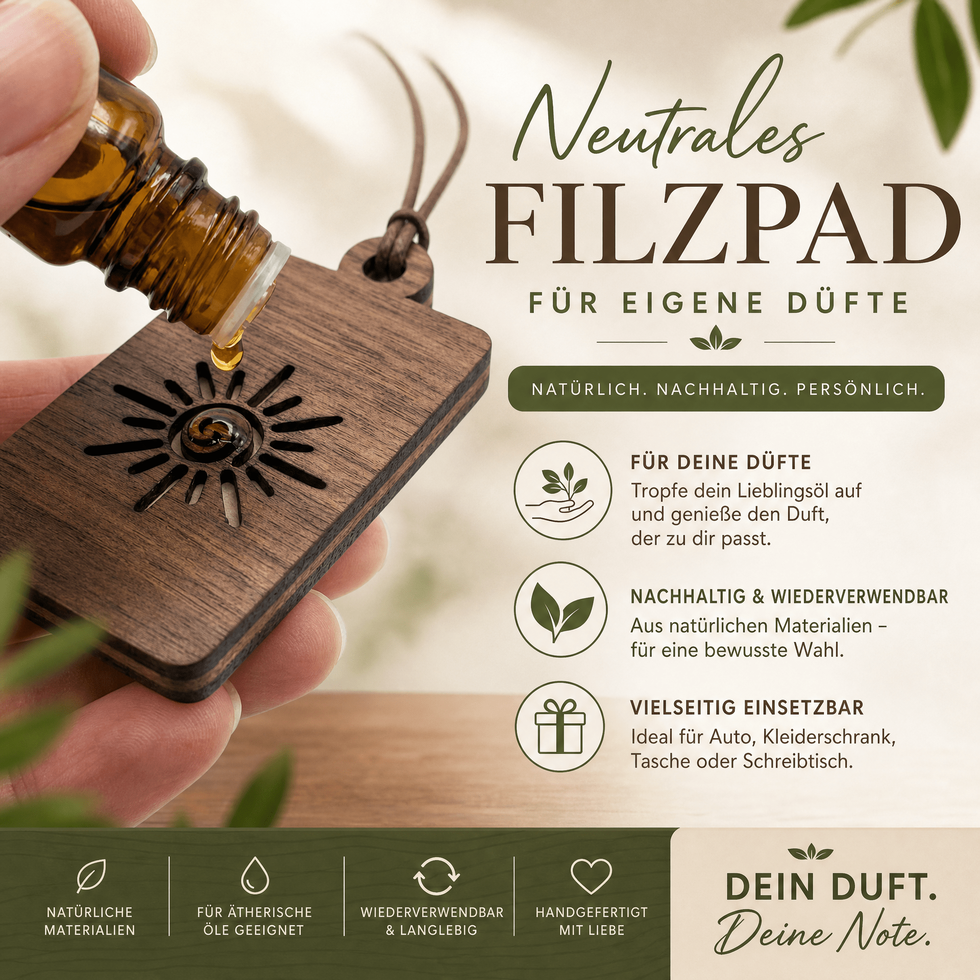 Holz Duftbaum für ätherische Öle "SONNE", Anhänger aus Nussbaumholz mit Filzpad fürs Auto - Wunderkraft naturals