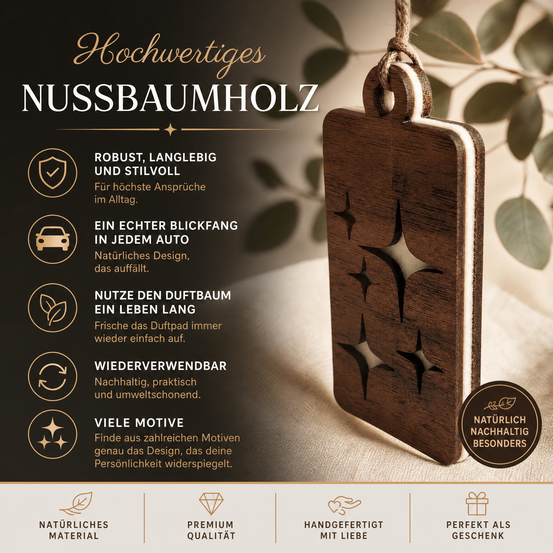 Holz Duftbaum für ätherische Öle "STERNE", Anhänger aus Nussbaumholz mit Filzpad für Duftöle - Wunderkraft naturals